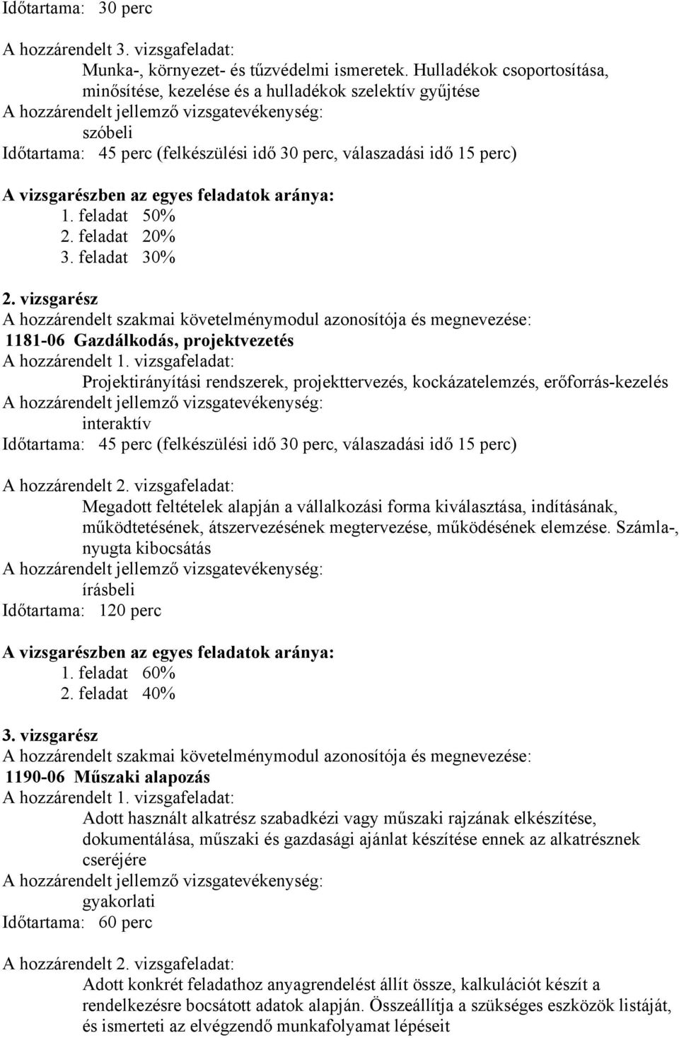 aránya: 1. feladat 50% 2. feladat 20% 3. feladat 30% 2. vizsgarész A hozzárendelt szakmai követelménymodul azonosítója és megnevezése: 1181-06 Gazdálkodás, projektvezetés A hozzárendelt 1.