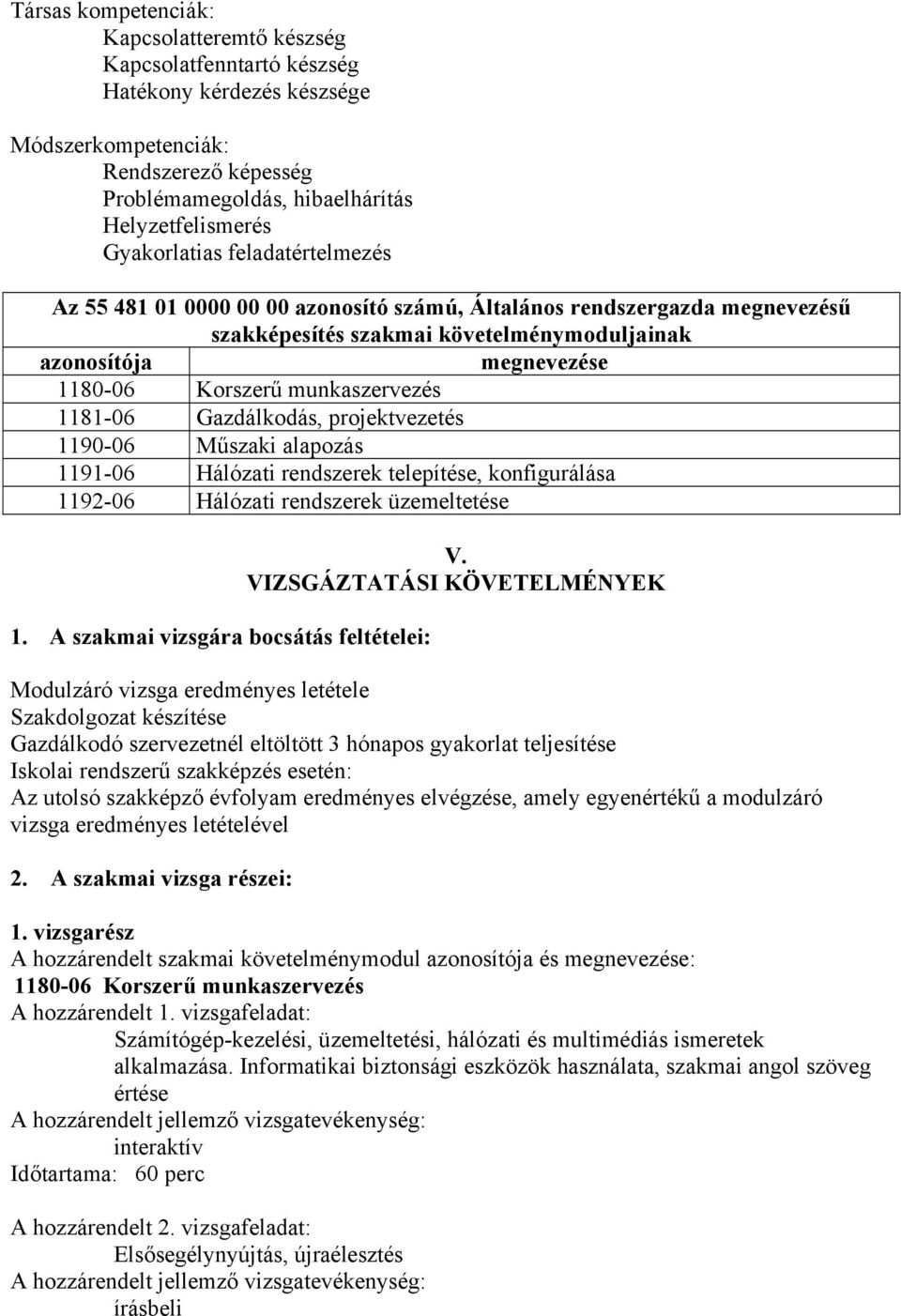 munkaszervezés 1181-06 Gazdálkodás, projektvezetés 1190-06 Műszaki alapozás 1191-06 Hálózati rendszerek telepítése, konfigurálása 1192-06 Hálózati rendszerek üzemeltetése 1.