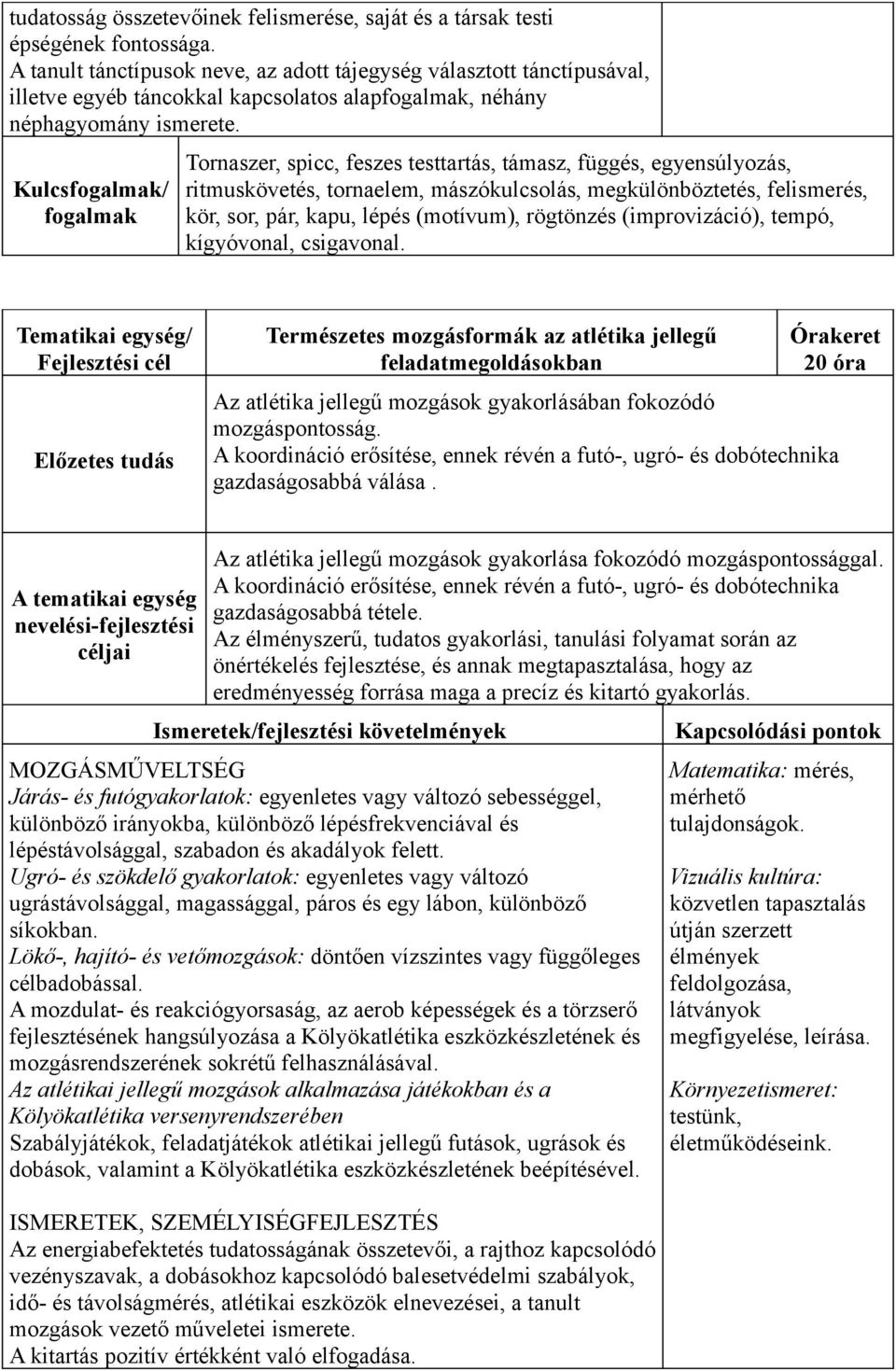 Kulcs/ Tornaszer, spicc, feszes testtartás, támasz, függés, egyensúlyozás, ritmuskövetés, tornaelem, mászókulcsolás, megkülönböztetés, felismerés, kör, sor, pár, kapu, lépés (motívum), rögtönzés