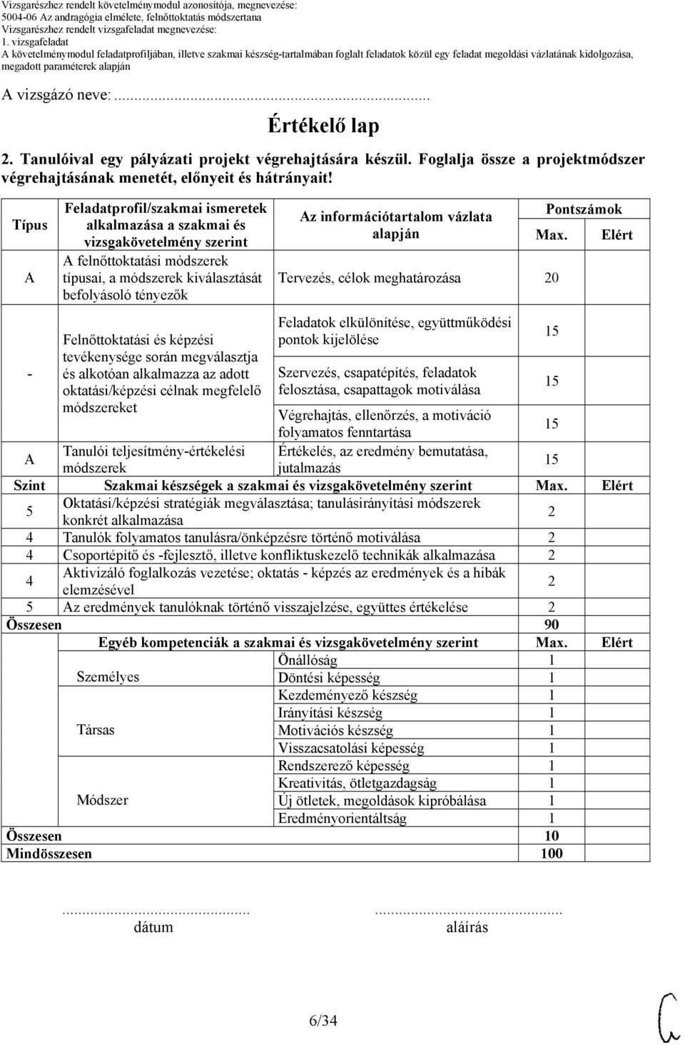 Típus - Feladatprofil/szakmai ismeretek alkalmazása a szakmai és vizsgakövetelmény szerint felnőttoktatási módszerek típusai, a módszerek kiválasztását befolyásoló tényezők Felnőttoktatási és képzési