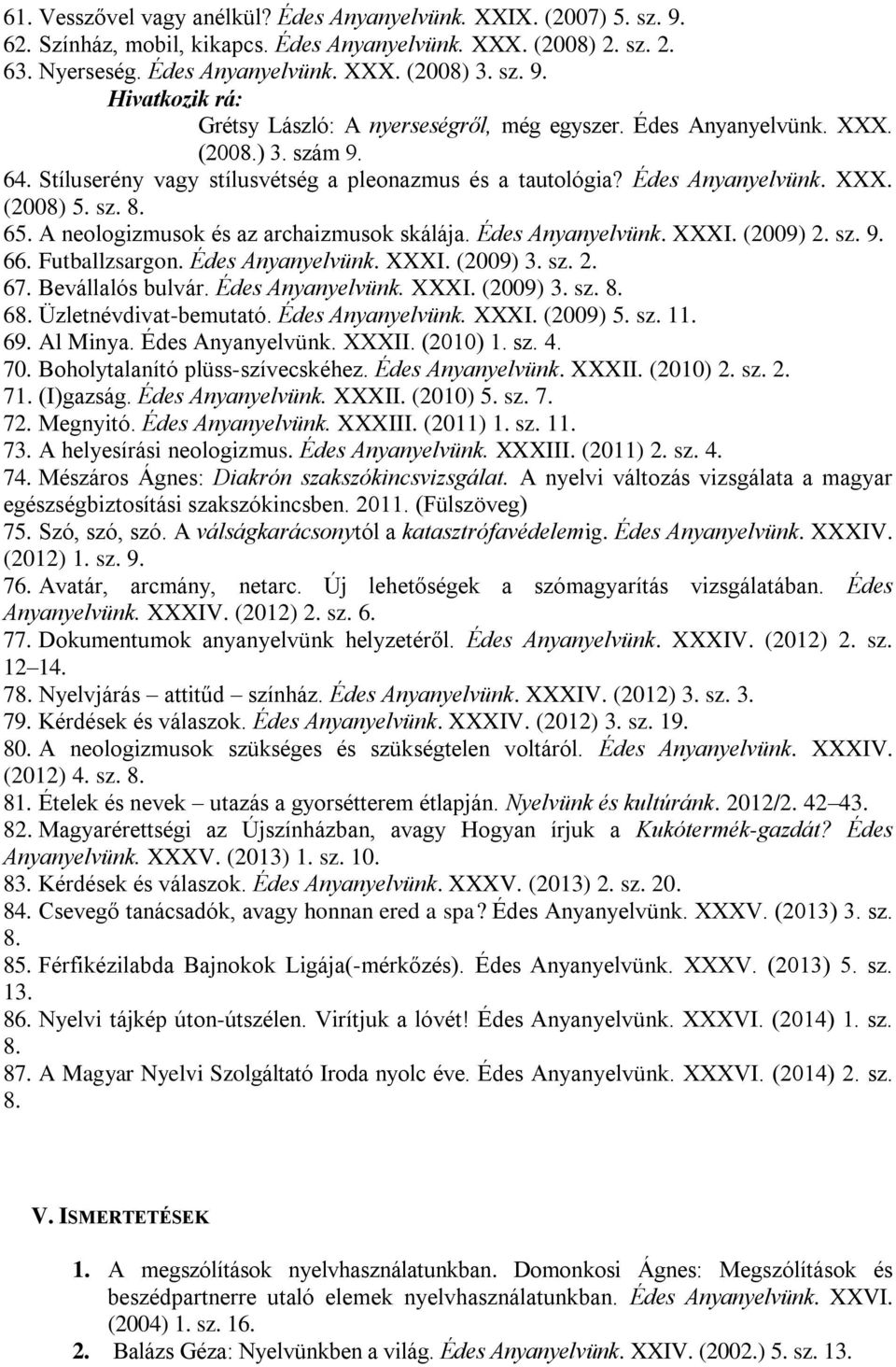 Édes Anyanyelvünk. XXXI. (2009) 2. sz. 9. 66. Futballzsargon. Édes Anyanyelvünk. XXXI. (2009) 3. sz. 2. 67. Bevállalós bulvár. Édes Anyanyelvünk. XXXI. (2009) 3. sz. 8. 68. Üzletnévdivat-bemutató.