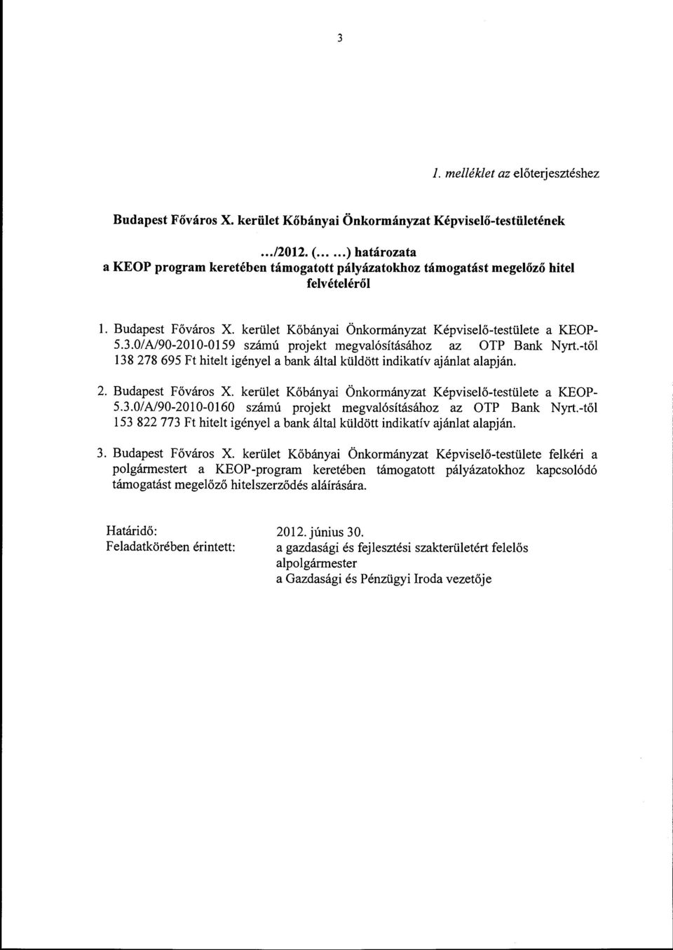 0/A/90-2010-0159 számú projekt megvalósításához az OTP Bank Nyrt.-től 138 278 695 Ft hitelt igényel a bank által küldött indikatív ajánlat alapján. 2. Budapest Főváros X.