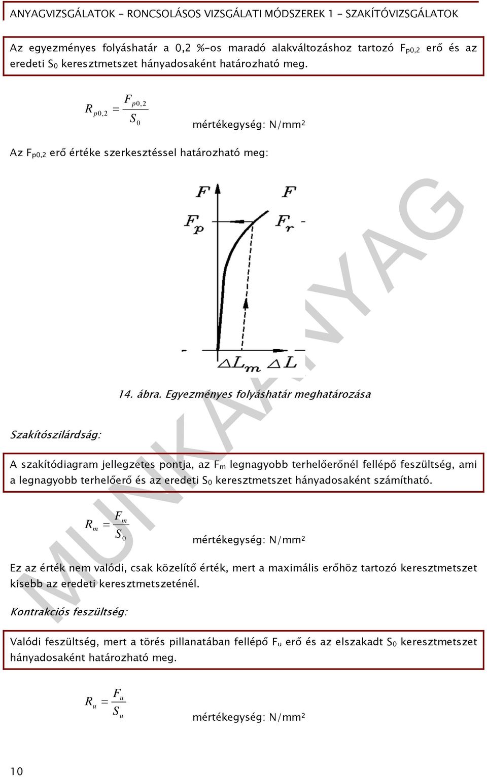 Egyezményes folyáshatár meghatározása A szakítódiagram jellegzetes pontja, az F m legnagyobb terhelőerőnél fellépő feszültség, ami a legnagyobb terhelőerő és az eredeti S 0 keresztmetszet