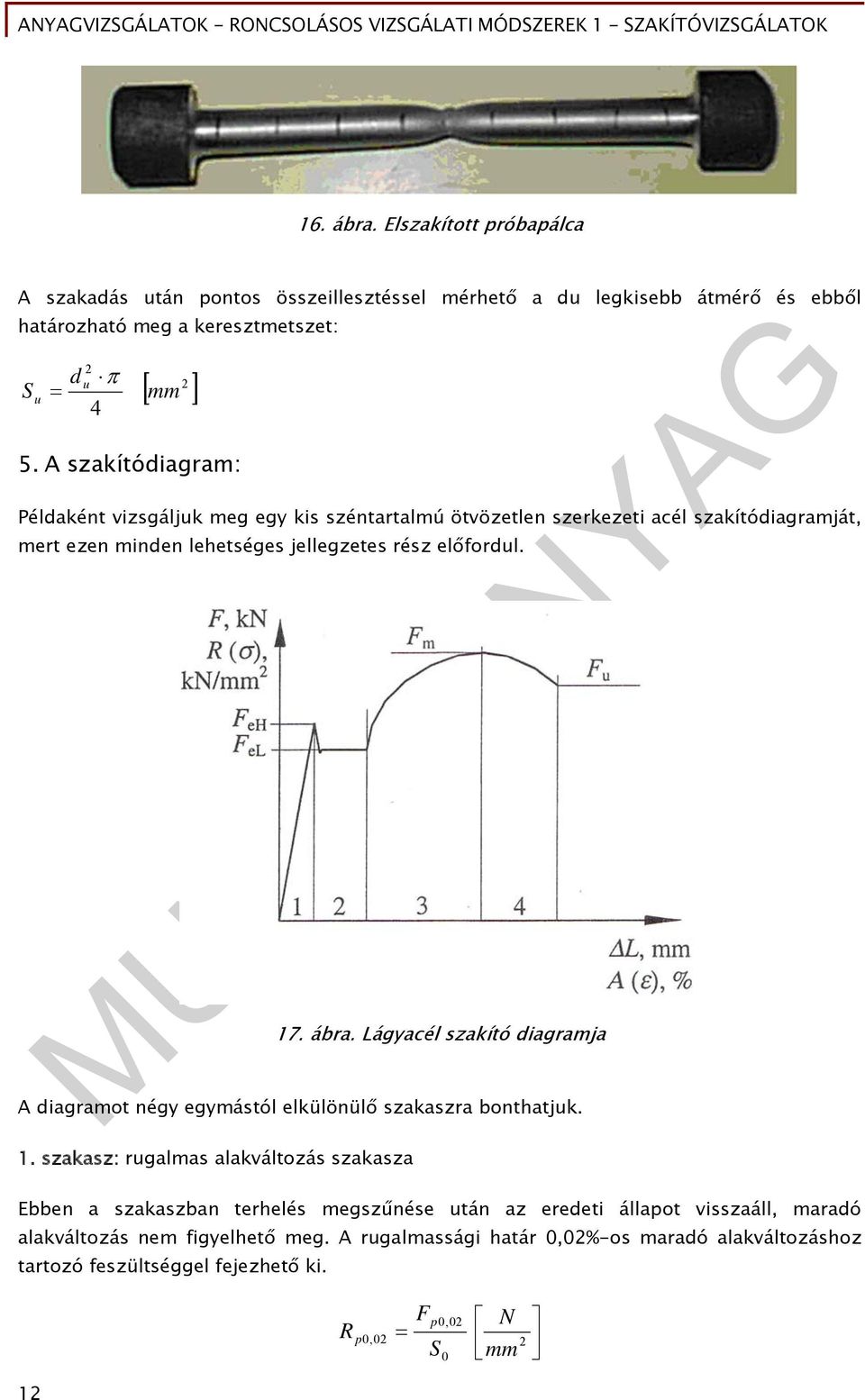 Lágyacél szakító diagramja A diagramot négy egymástól elkülönülő szakaszra bonthatjuk. 1.