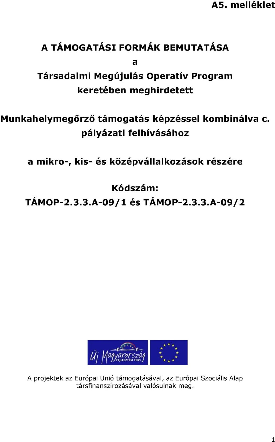 pályázati felhívásához a mikro-, kis- és középvállalkozások részére Kódszám: TÁMOP-2.3.