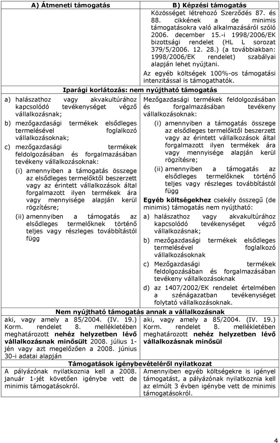 Iparági korlátozás: nem nyújtható támogatás a) halászathoz vagy akvakultúrához kapcsolódó tevékenységet végző vállalkozásnak; b) mezőgazdasági termékek elsődleges termelésével foglalkozó