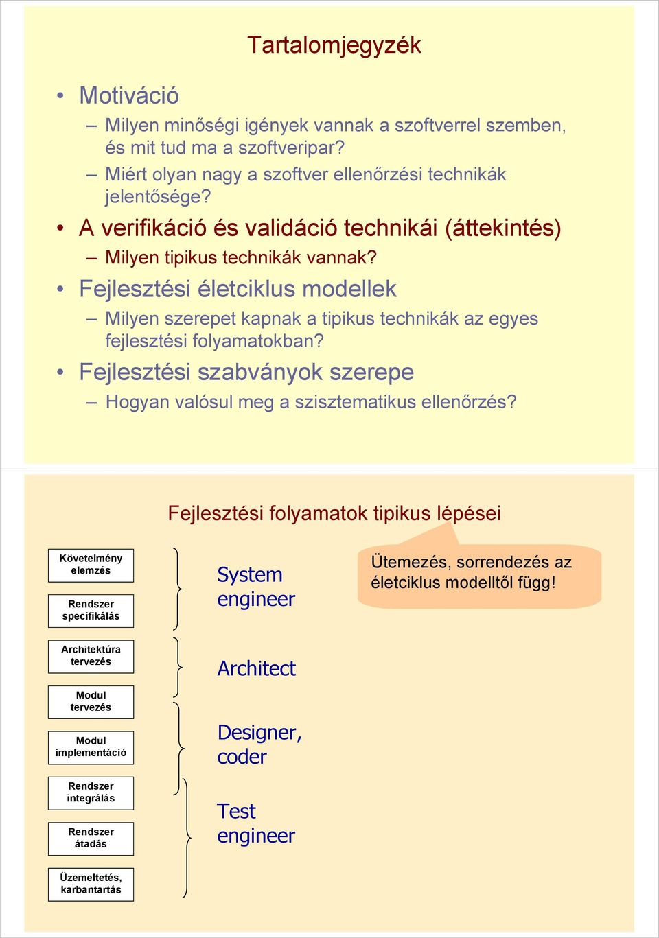 Fejlesztési életciklus modellek Milyen szerepet kapnak a tipikus technikák az egyes fejlesztési folyamatokban?