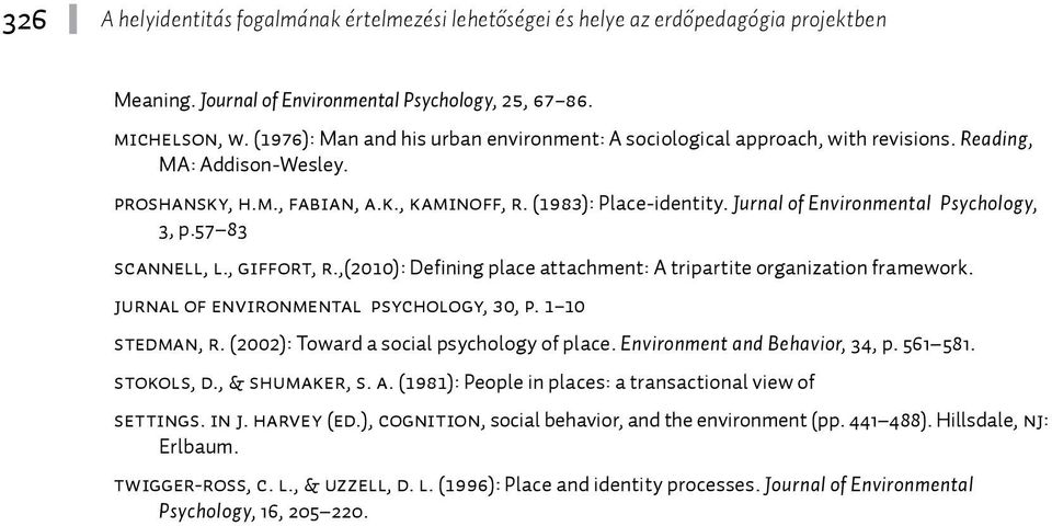 Jurnal of Environmental Psychology, 30, p. 1 10 Stedman, R. (2002): Toward a social psychology of place. Environment and Behavior, 34, p. 561 581. Stokols, D., & Shumaker, S. A.