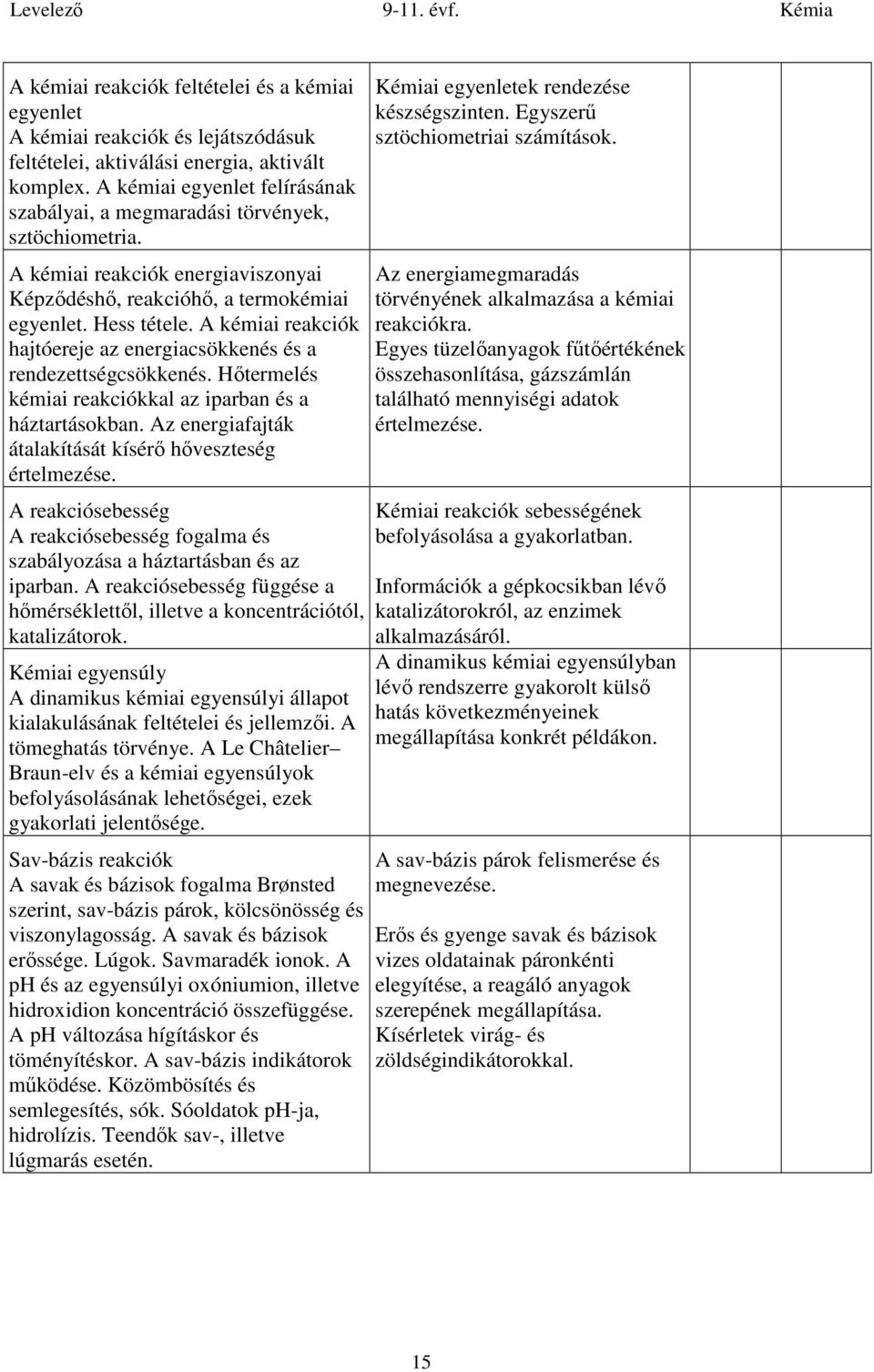 A kémiai reakciók hajtóereje az energiacsökkenés és a rendezettségcsökkenés. Hőtermelés kémiai reakciókkal az iparban és a háztartásokban. Az energiafajták átalakítását kísérő hőveszteség értelmezése.