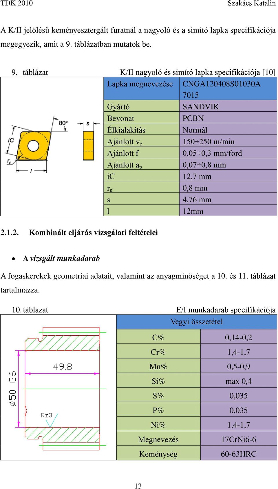 táblázat K/II nagyoló és simító lapka specifikációja [10] Lapka megnevezése CNGA120408S01030A 7015 Gyártó SANDVIK Bevonat PCBN Élkialakítás Normál Ajánlott v c 150 250 m/min Ajánlott f