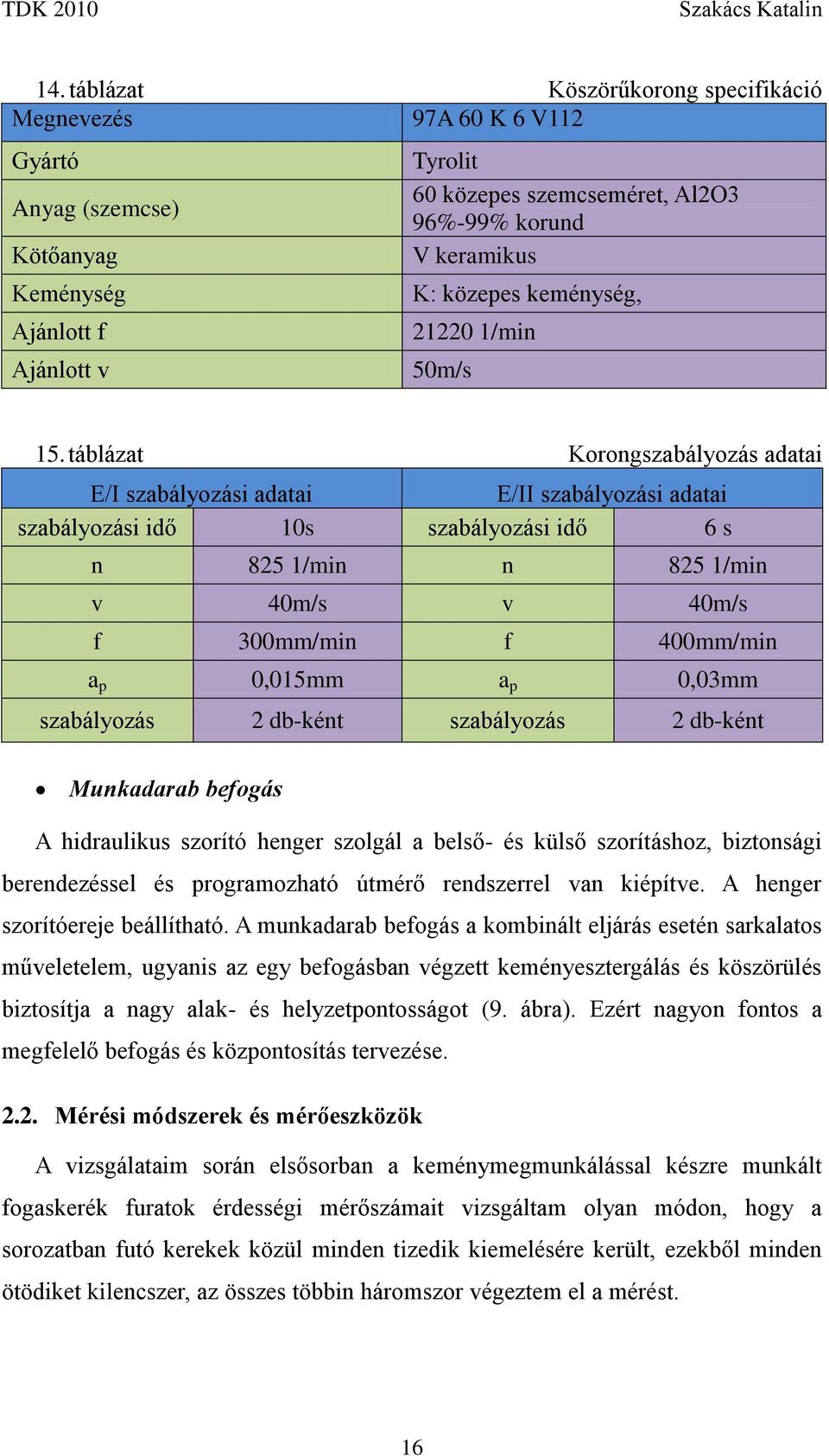 táblázat Korongszabályozás adatai E/I szabályozási adatai E/II szabályozási adatai szabályozási idő 10s szabályozási idő 6 s n 825 1/min n 825 1/min v 40m/s v 40m/s f 300mm/min f 400mm/min a p