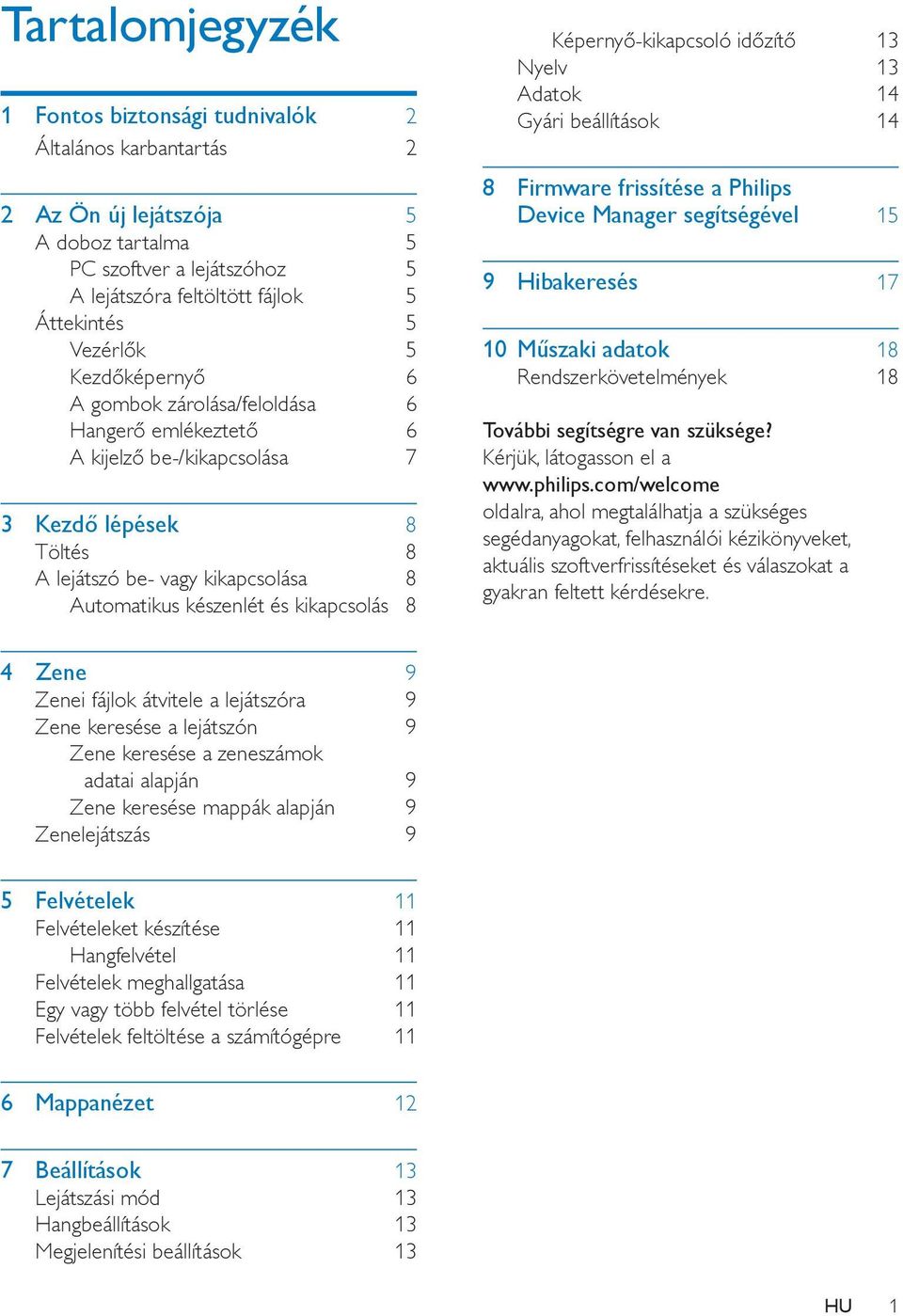 Képernyő-kikapcsoló időzítő 13 Nyelv 13 Adatok 14 Gyári beállítások 14 8 Firmware frissítése a Philips Device Manager segítségével 15 9 Hibakeresés 17 10 Műszaki adatok 18 Rendszerkövetelmények 18