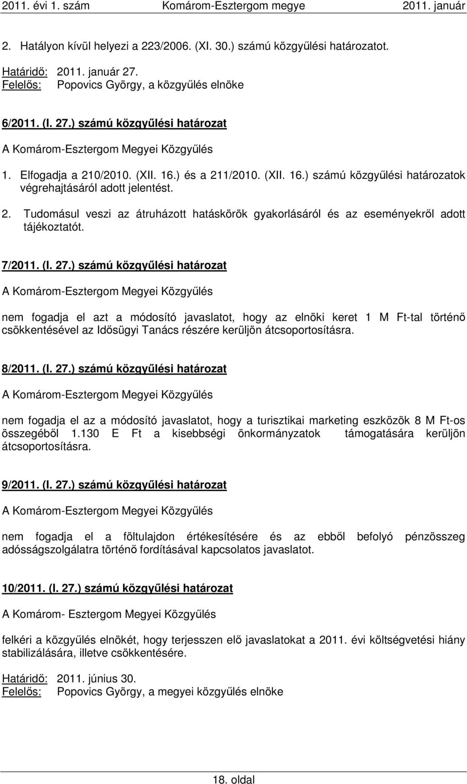7/2011. (I. 27.) számú közgyűlési határozat nem fogadja el azt a módosító javaslatot, hogy az elnöki keret 1 M Ft-tal történő csökkentésével az Idősügyi Tanács részére kerüljön átcsoportosításra.
