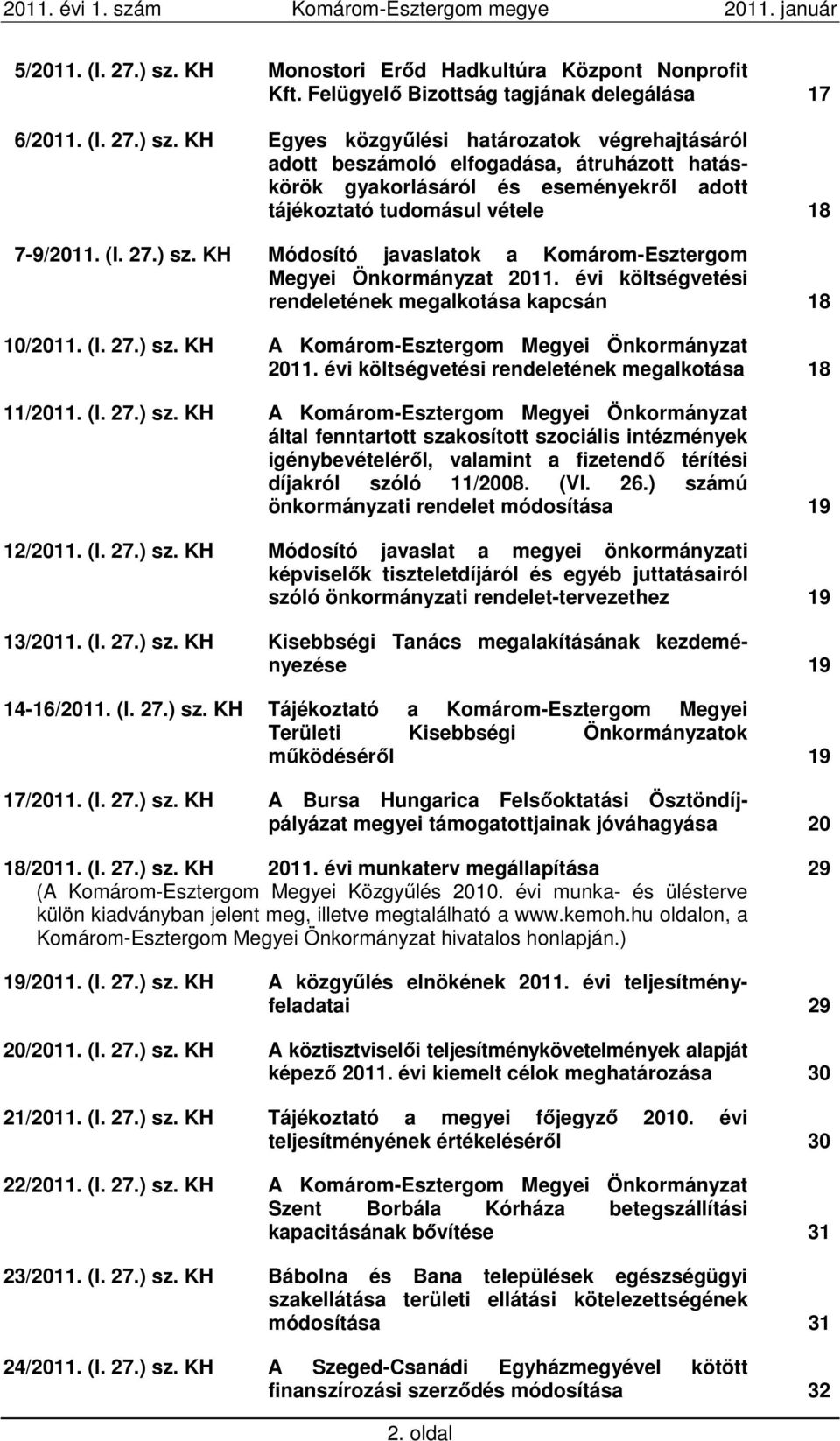 évi költségvetési rendeletének megalkotása 18 11/2011. (I. 27.) sz.