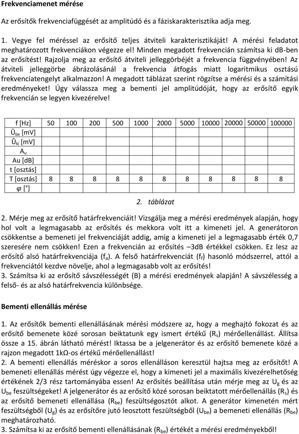 Az átviteli jelleggörbe ábrázolásánál a frekvencia átfogás miatt logaritmikus osztású frekvenciatengelyt alkalmazzon! A megadott táblázat szerint rögzítse a mérési és a számítási eredményeket!