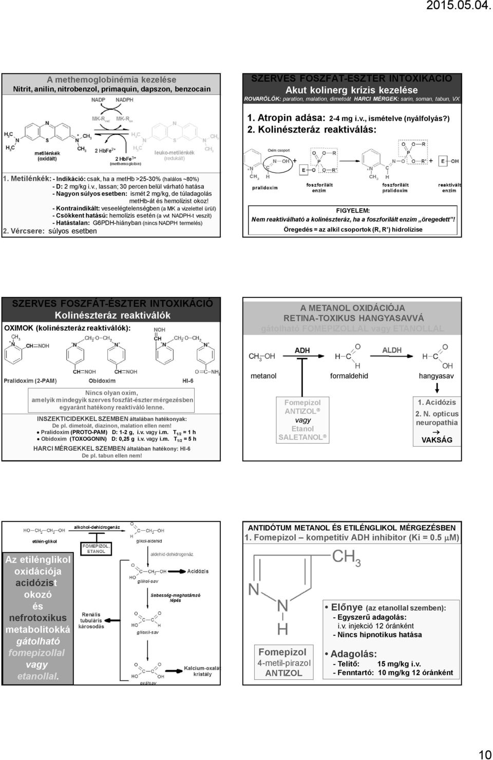 Metilénkék: - Indikáció: csak, ha a methb >25-30% (halálos ~80%) - D: 2 mg/kg i.v.