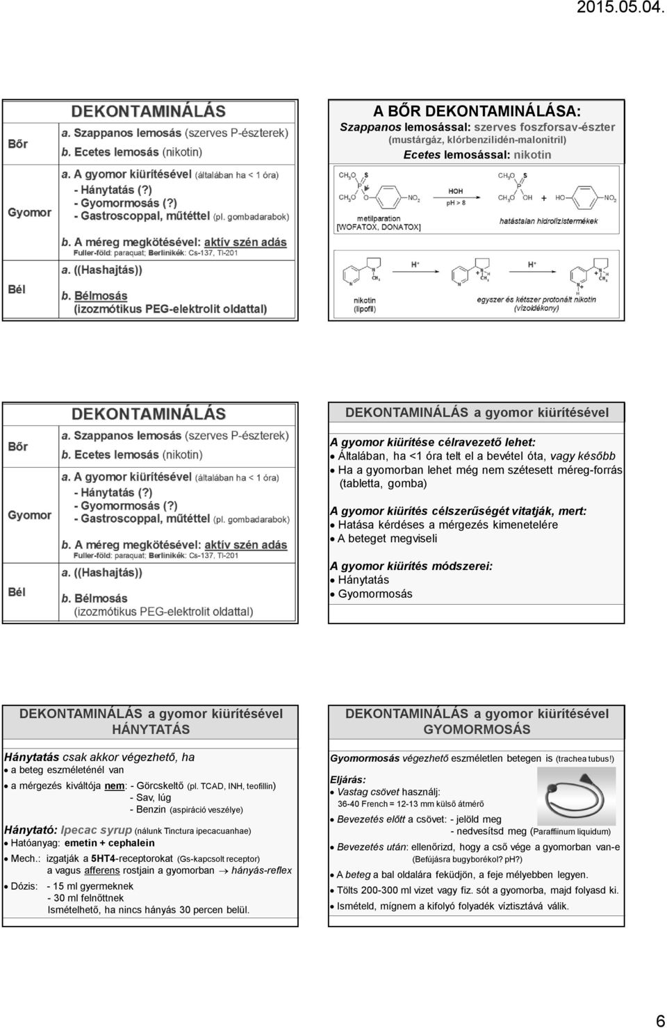 kérdéses a mérgezés kimenetelére A beteget megviseli A gyomor kiürítés módszerei: Hánytatás Gyomormosás DEKONTAMINÁLÁS a gyomor kiürítésével HÁNYTATÁS Hánytatás csak akkor végezhető, ha a beteg