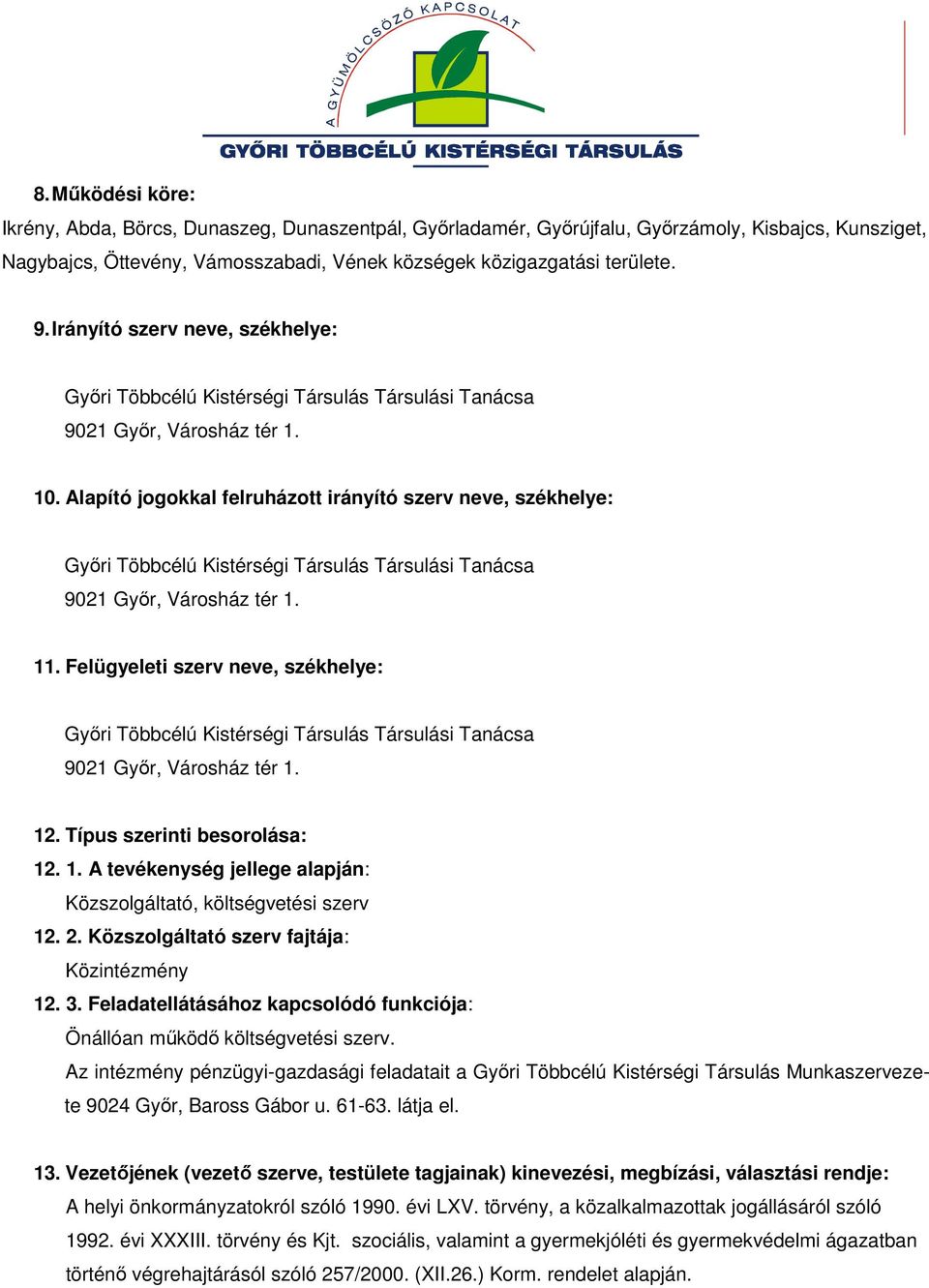 2. Közszolgáltató szerv fajtája: Közintézmény 12. 3. Feladatellátásához kapcsolódó funkciója: Önállóan működő költségvetési szerv.