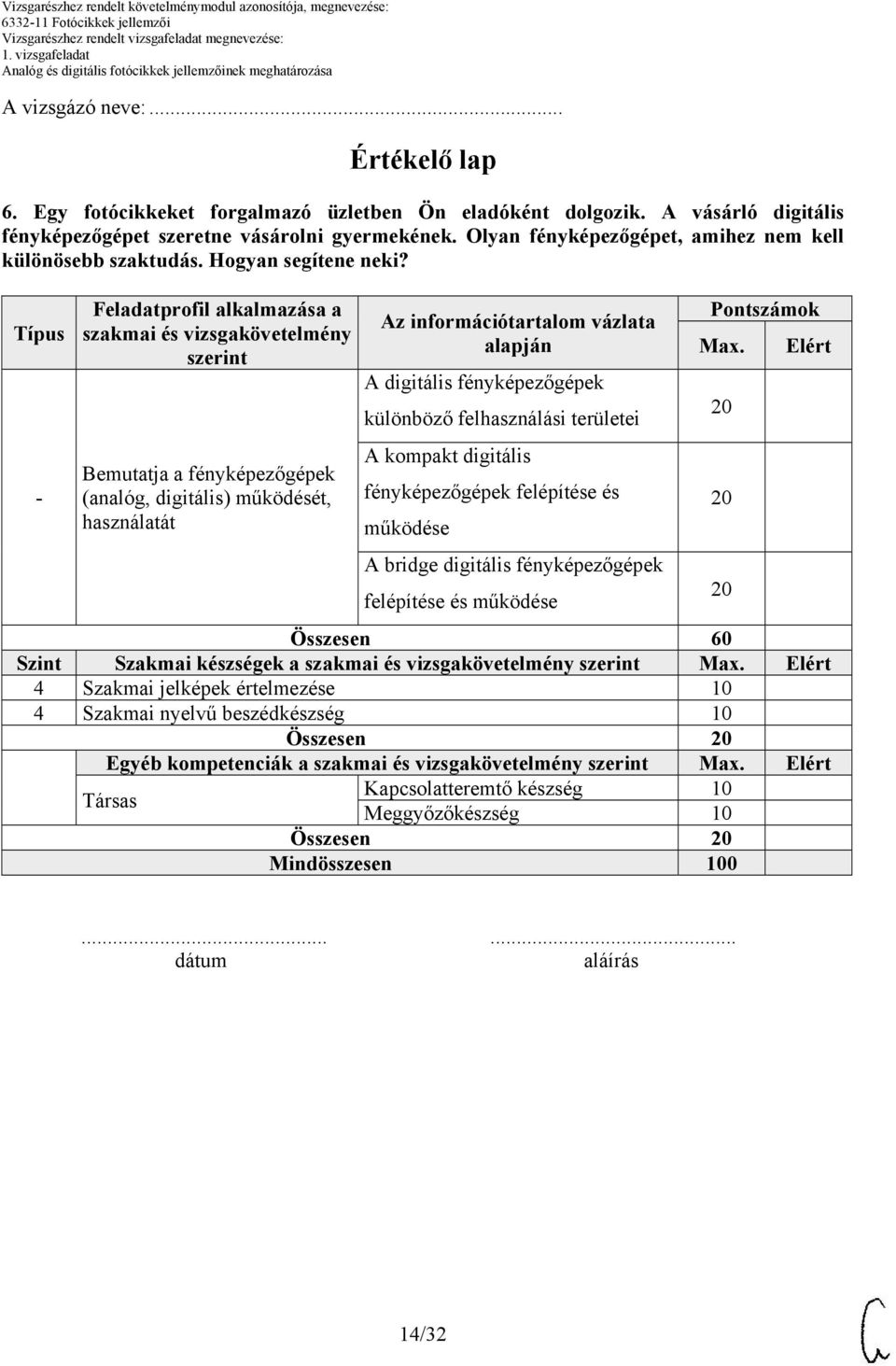 Típus Feladatprofil alkalmazása a szakmai és vizsgakövetelmény szerint Bemutatja a fényképezőgépek (analóg, digitális) működését, használatát Az információtartalom vázlata alapján A digitális