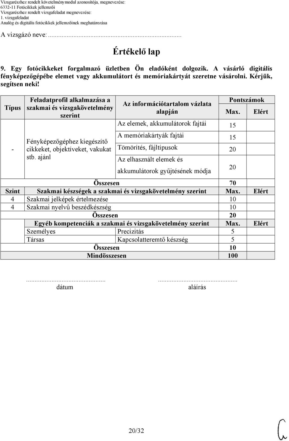 ajánl Az információtartalom vázlata alapján Pontszámok Max.