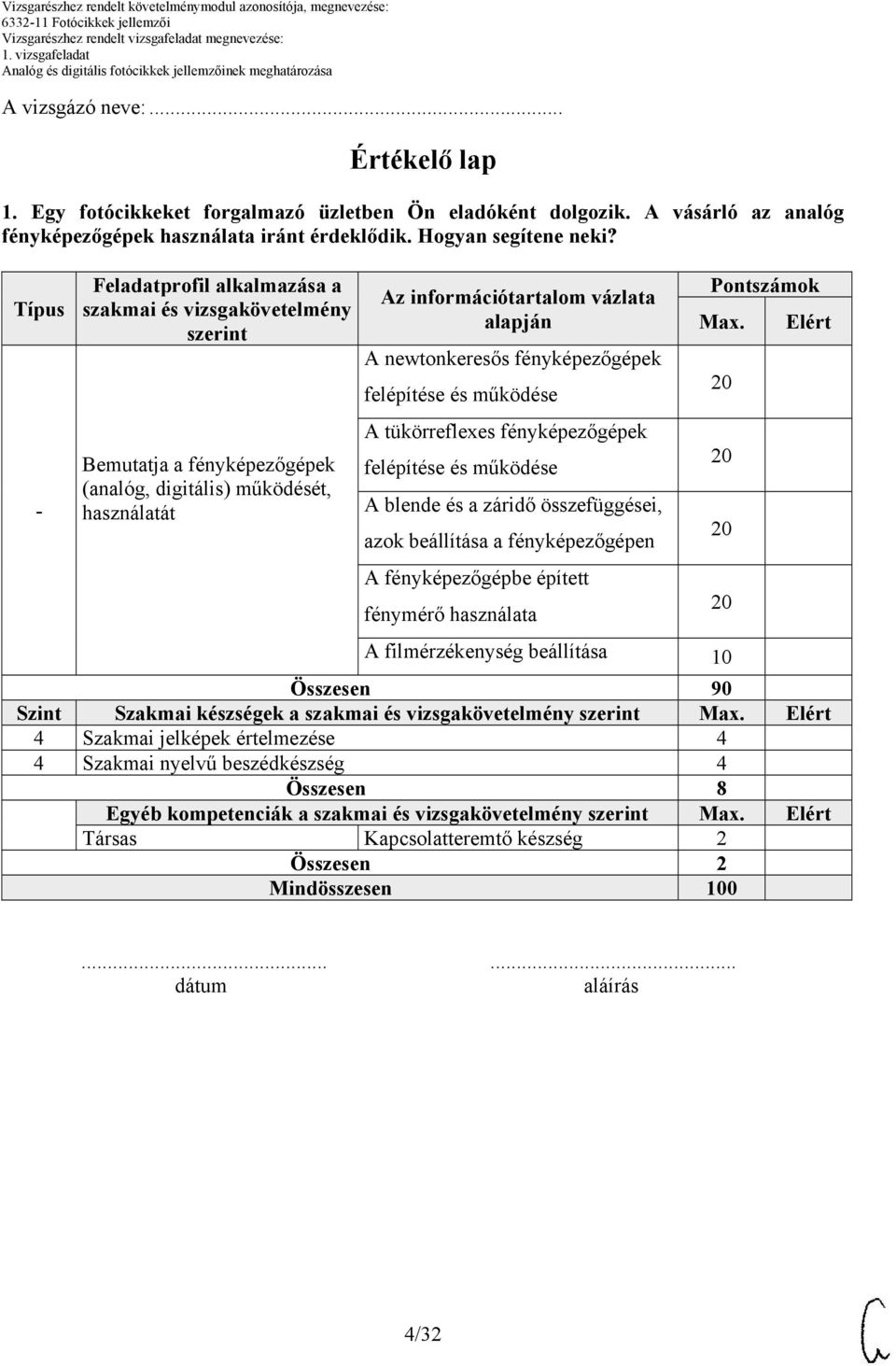 Elért Bemutatja a fényképezőgépek (analóg, digitális) működését, használatát A tükörreflexes fényképezőgépek felépítése és működése A blende és a záridő összefüggései, azok beállítása a