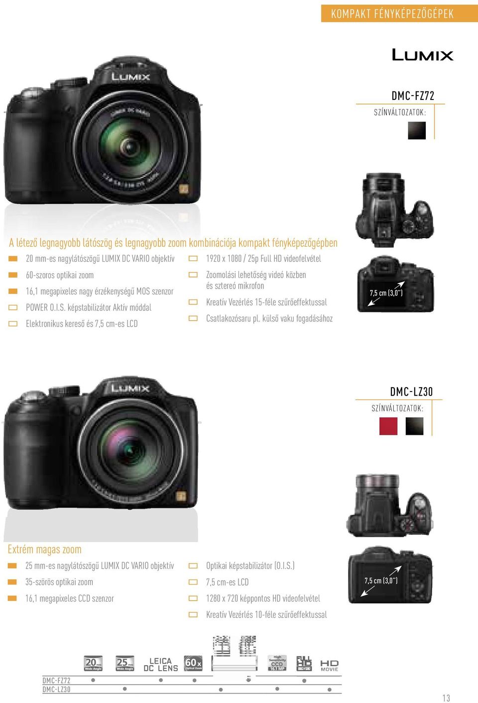 külső vaku fogadásához Elektronikus kereső és 7,5 cm-es LCD 7,5 cm (3,0 ) DMC-LZ30 Extrém magas zoom 25 mm-es nagylátószögű LUMIX DC VARIO objektív 35-szörös optikai zoom 16,1 megapixeles CCD