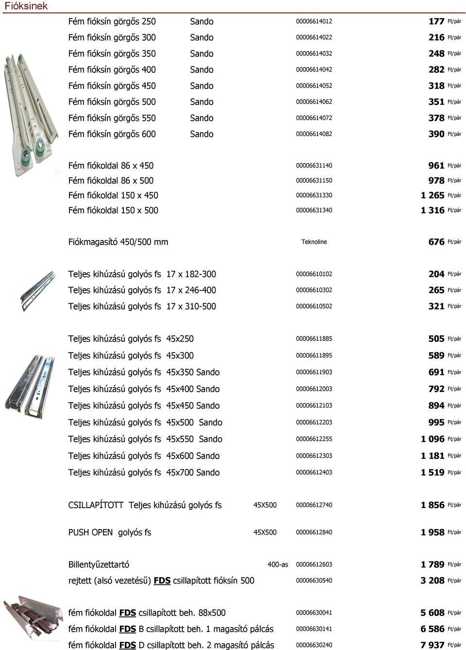 600 Sando 00006614082 390 Ft/pár Fém fiókoldal 86 x 450 00006631140 961 Ft/pár Fém fiókoldal 86 x 500 00006631150 978 Ft/pár Fém fiókoldal 150 x 450 00006631330 1 265 Ft/pár Fém fiókoldal 150 x 500