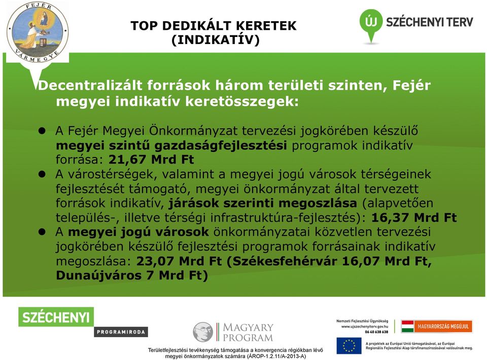 önkormányzat által tervezett források indikatív, járások szerinti megoszlása (alapvetően település-, illetve térségi infrastruktúra-fejlesztés): 16,37 Mrd Ft A megyei jogú