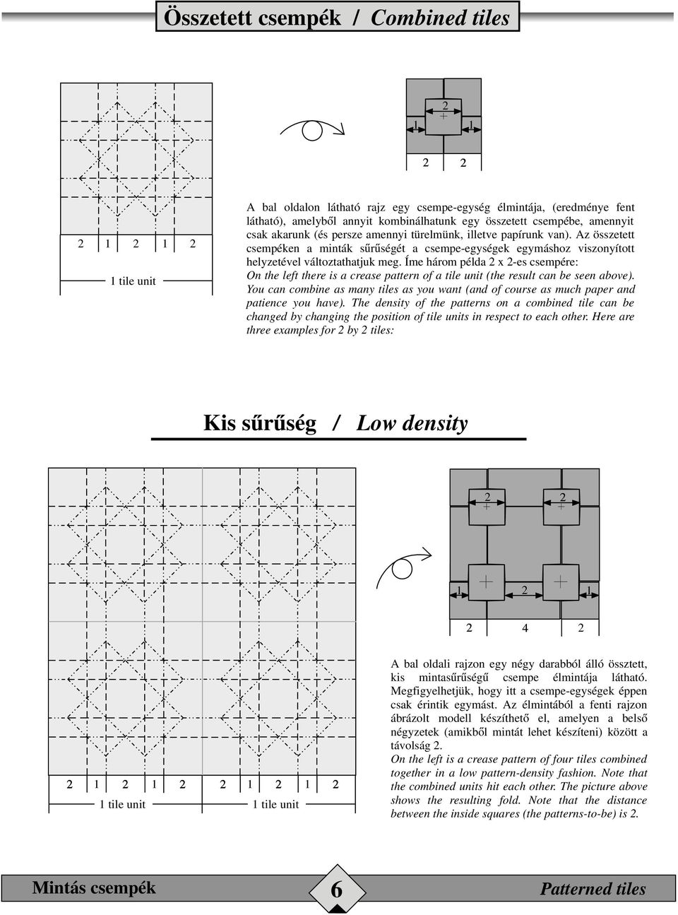 Íme három példa x -es csempére: On the left there is a crease pattern of a tile unit (the result can be seen above).