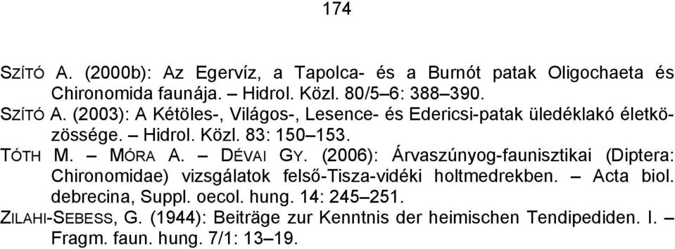 DÉVAI GY. (2006): Árvaszúnyog-faunisztikai (Diptera: Chironomidae) vizsgálatok felső-tisza-vidéki holtmedrekben. Acta biol.