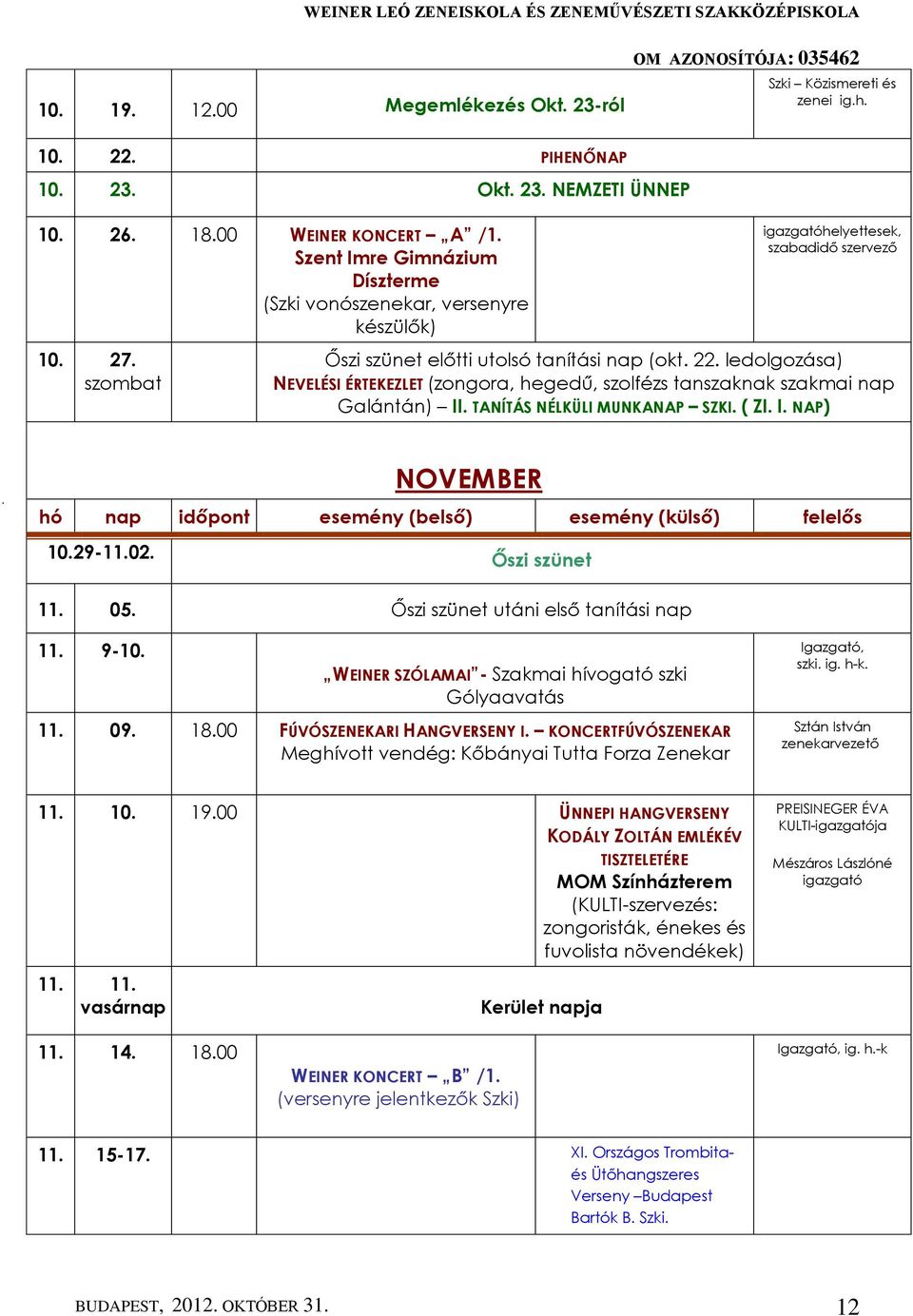 ledolgozása) NEVELÉSI ÉRTEKEZLET (zongora, hegedű, szolfézs tanszaknak szakmai nap Galántán) II. TANÍTÁS NÉLKÜLI MUNKANAP SZKI. ( ZI. I. NAP) NOVEMBER hó nap időpont esemény (belső) esemény (külső) felelős 10.