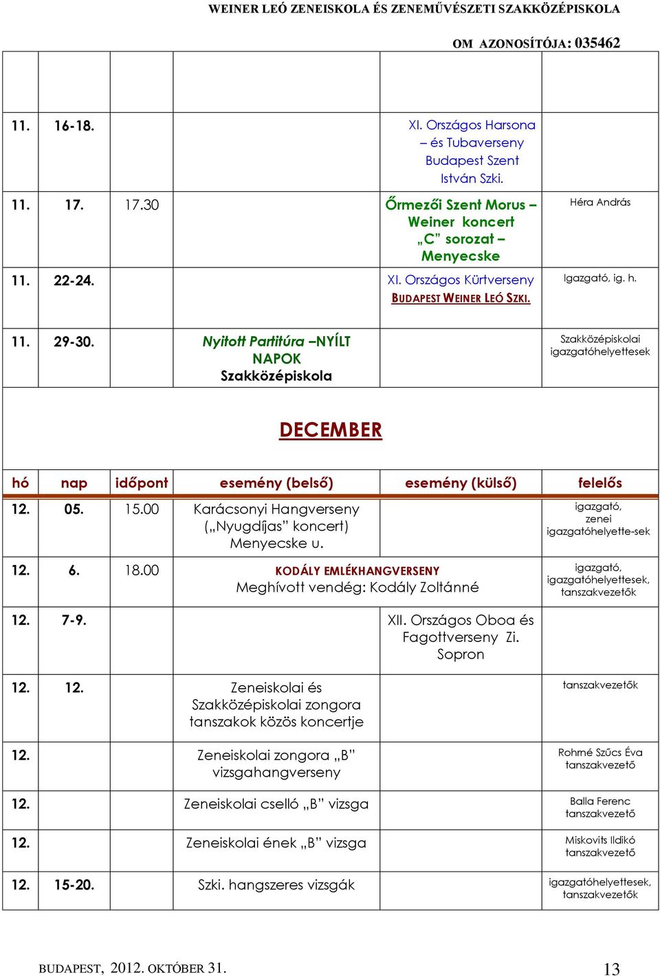 00 Karácsonyi Hangverseny ( Nyugdíjas koncert) Menyecske u. 12. 6. 18.00 KODÁLY EMLÉKHANGVERSENY Meghívott vendég: Kodály Zoltánné zenei igazgatóhelyette-sek igazgatóhelyettesek, k 12. 7-9. XII.