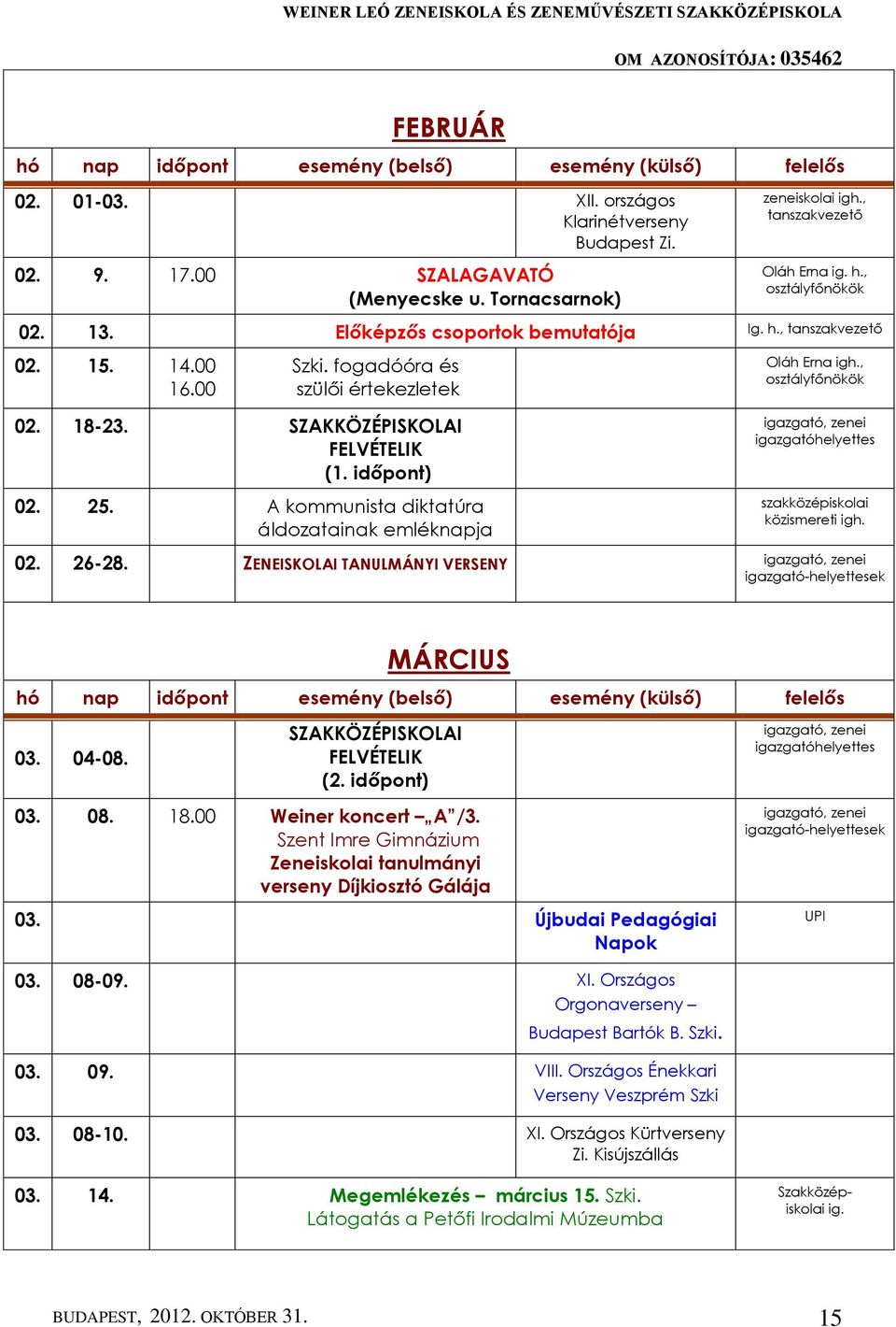 A kommunista diktatúra áldozatainak emléknapja Oláh Erna igh., osztályfőnökök zenei igazgatóhelyettes szakközépiskolai közismereti igh. 02. 26-28.