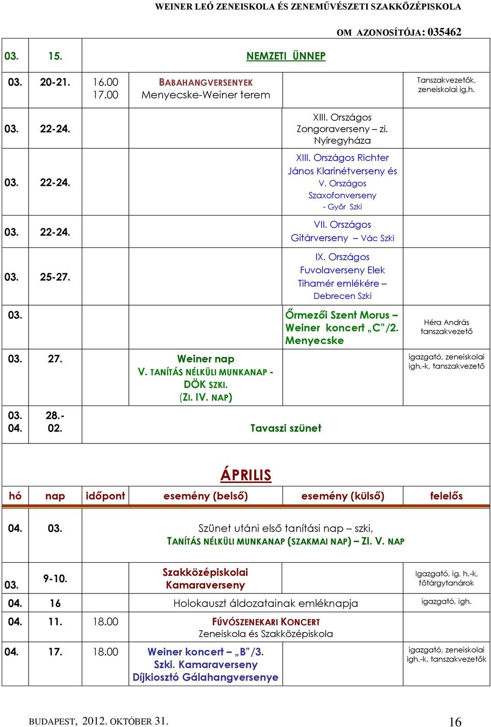Országos Fuvolaverseny Elek Tihamér emlékére Debrecen Szki 03. Őrmezői Szent Morus Weiner koncert C /2. Menyecske 03. 27. Weiner nap V. TANÍTÁS NÉLKÜLI MUNKANAP - DÖK SZKI. (ZI. IV.