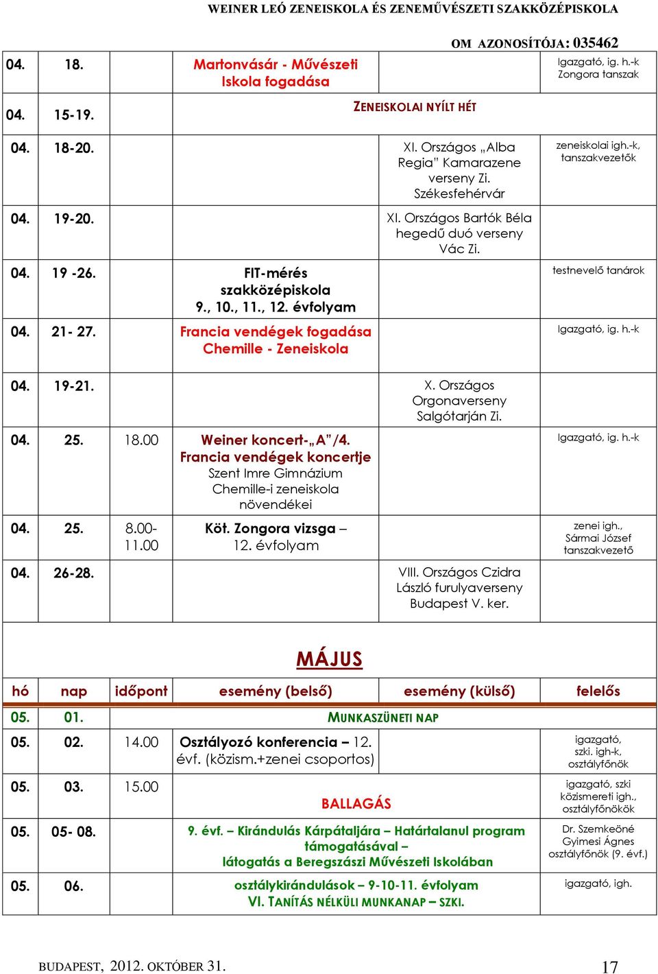 Országos Orgonaverseny Salgótarján Zi. 04. 25. 18.00 Weiner koncert- A /4. Francia vendégek koncertje Szent Imre Gimnázium Chemille-i zeneiskola növendékei 04. 25. 8.00-11.00 Köt. Zongora vizsga 12.
