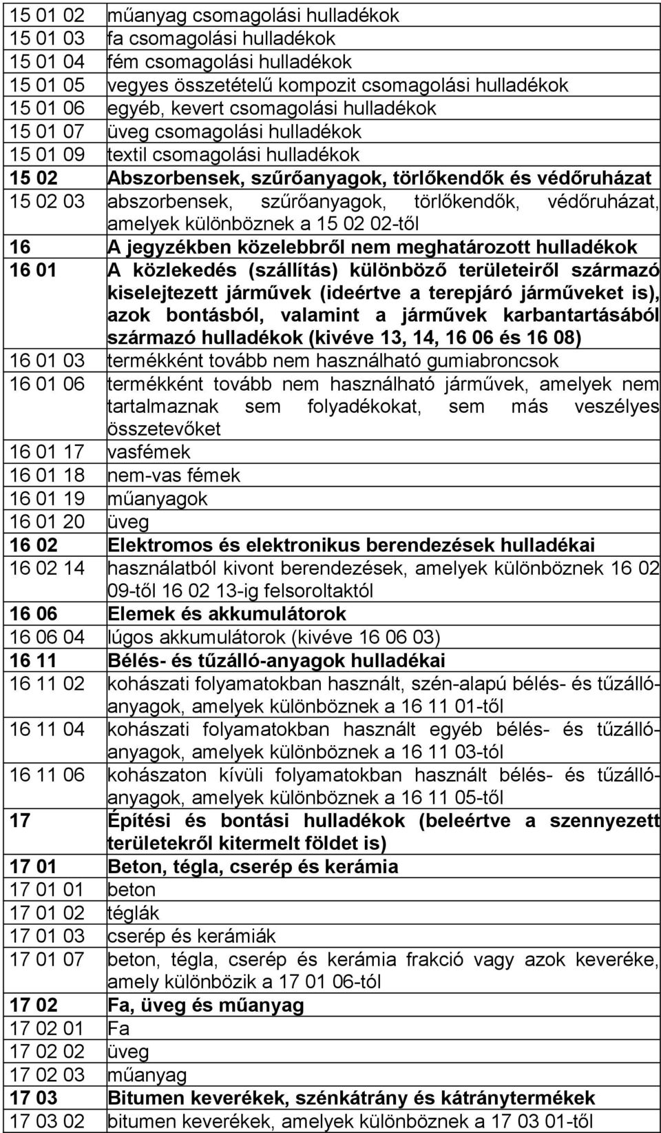 közelebbről nem meghatározott 16 01 A közlekedés (szállítás) különböző területeiről származó kiselejtezett járművek (ideértve a terepjáró járműveket is), azok bontásból, valamint a járművek