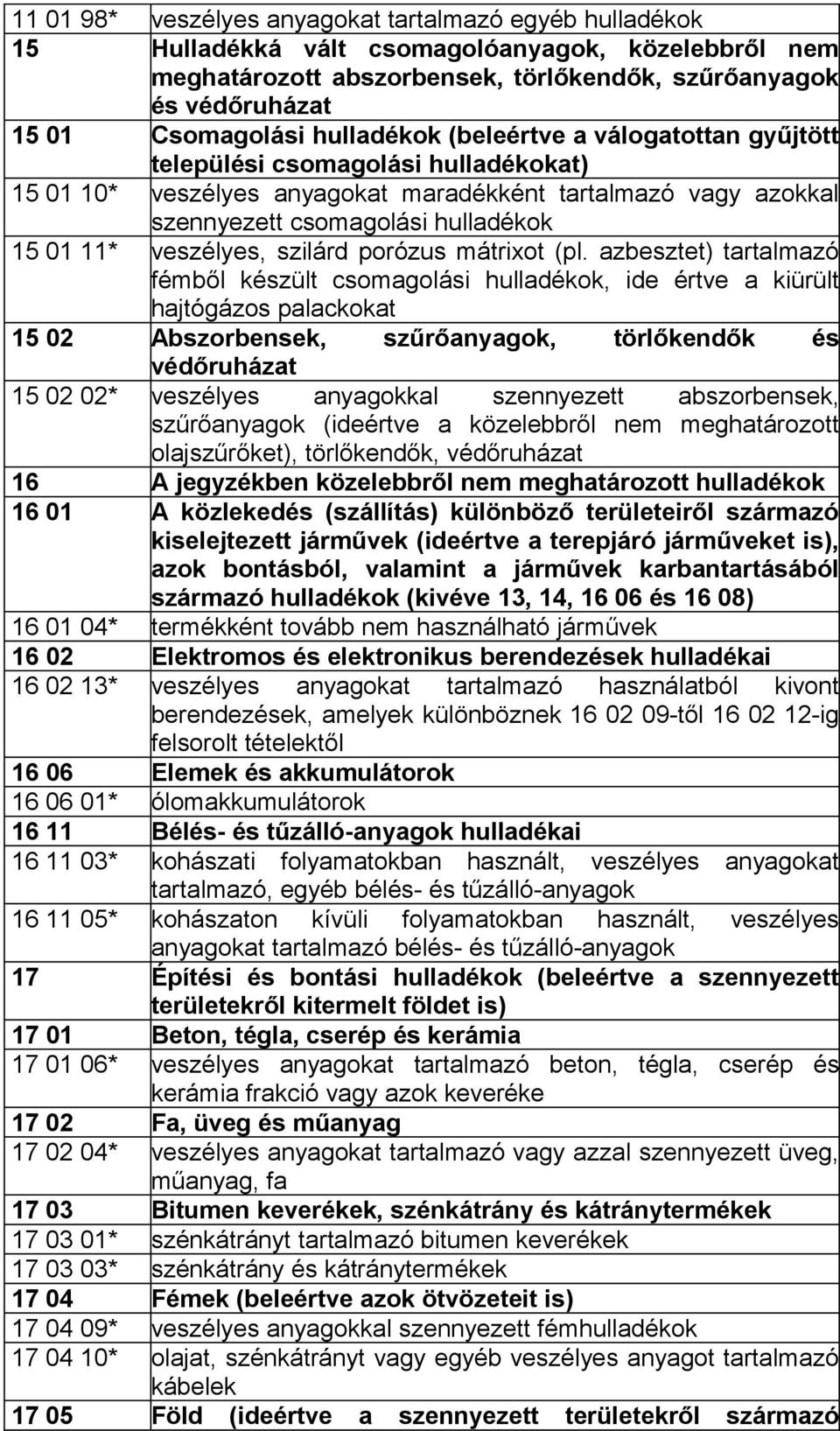 azbesztet) tartalmazó fémből készült csomagolási, ide értve a kiürült hajtógázos palackokat 15 02 Abszorbensek, szűrőanyagok, törlőkendők és védőruházat 15 02 02* veszélyes anyagokkal szennyezett