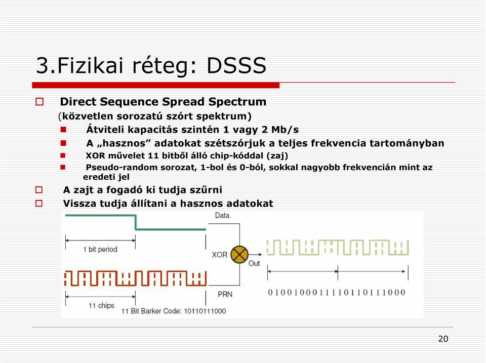 művelet 11 bitből álló chip-kóddal (zaj) Pseudo-random sorozat, 1-bol és 0-ból, sokkal nagyobb