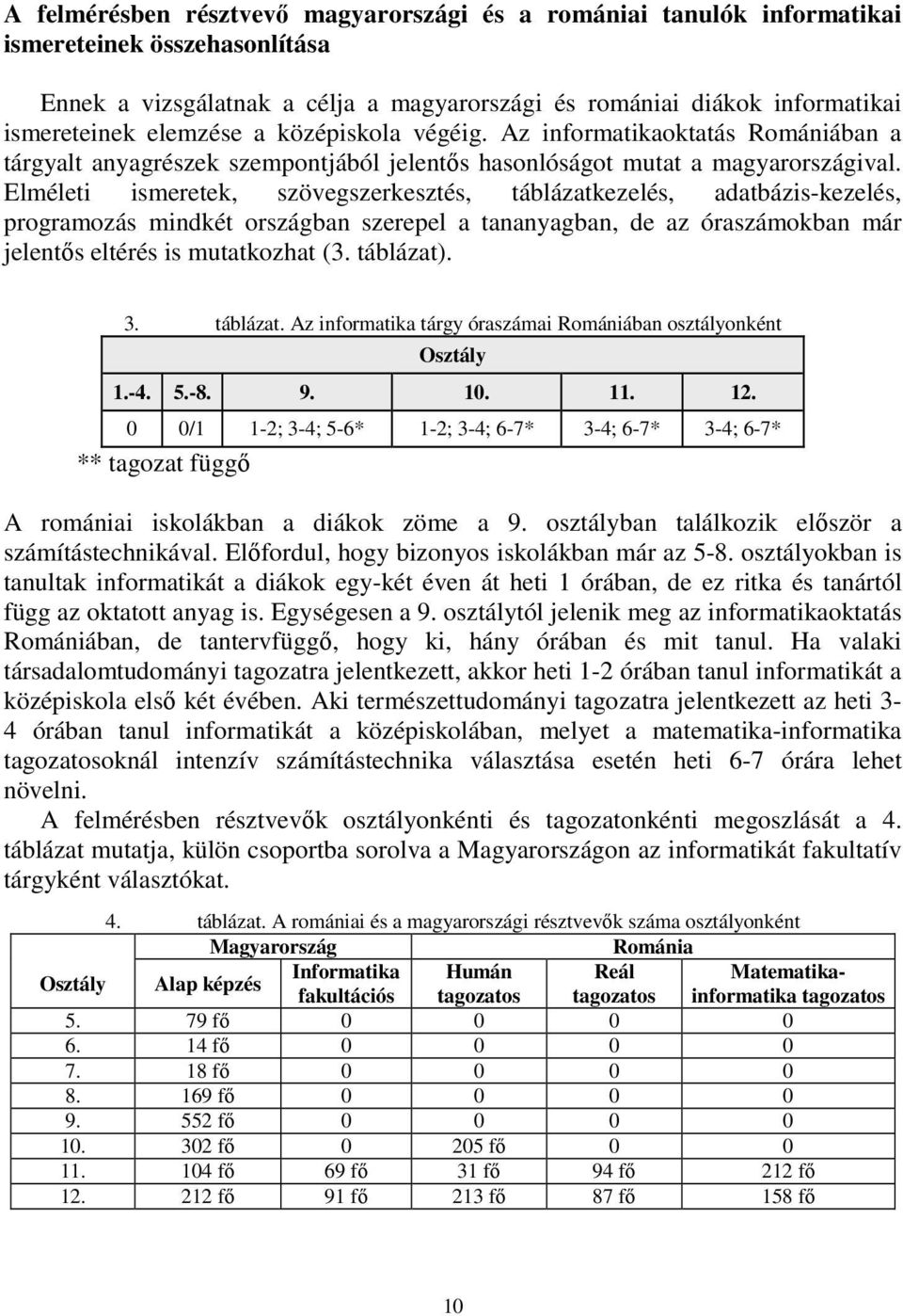 Elméleti ismeretek, szövegszerkesztés, táblázatkezelés, adatbázis-kezelés, programozás mindkét országban szerepel a tananyagban, de az óraszámokban már jelentős eltérés is mutatkozhat (3. táblázat).