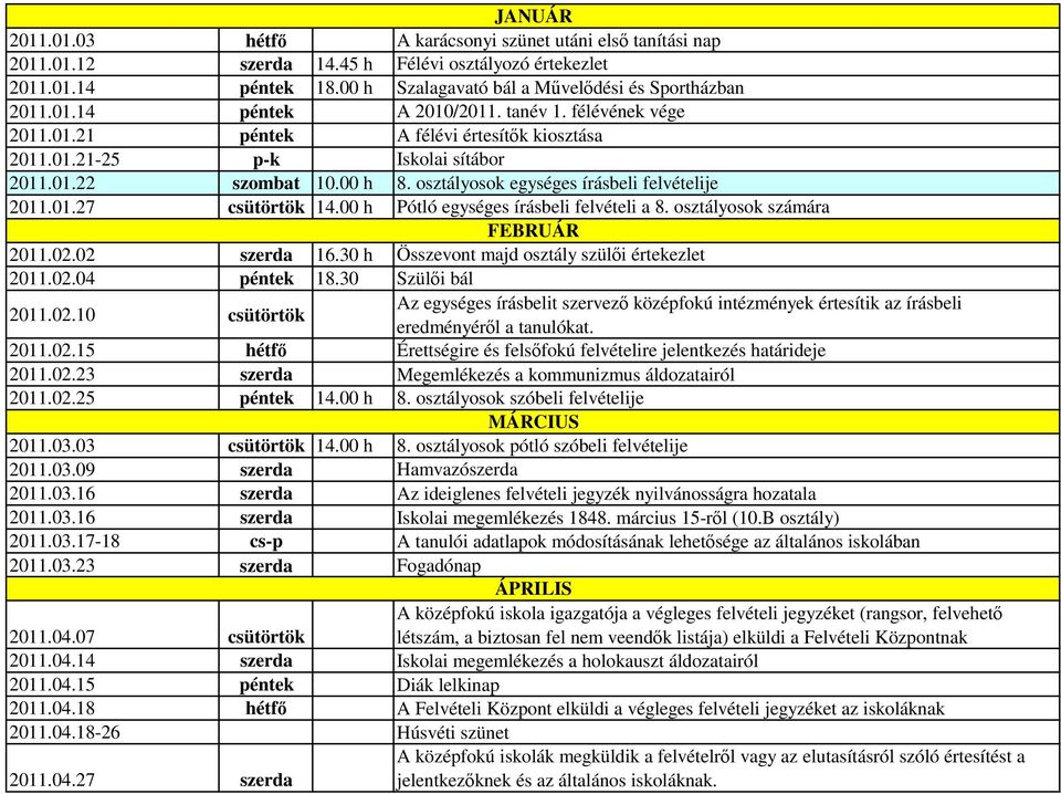 osztályosok egységes írásbeli felvételije 2011.01.27 csütörtök 14.00 h Pótló egységes írásbeli felvételi a 8. osztályosok számára FEBRUÁR 2011.02.02 szerda 16.