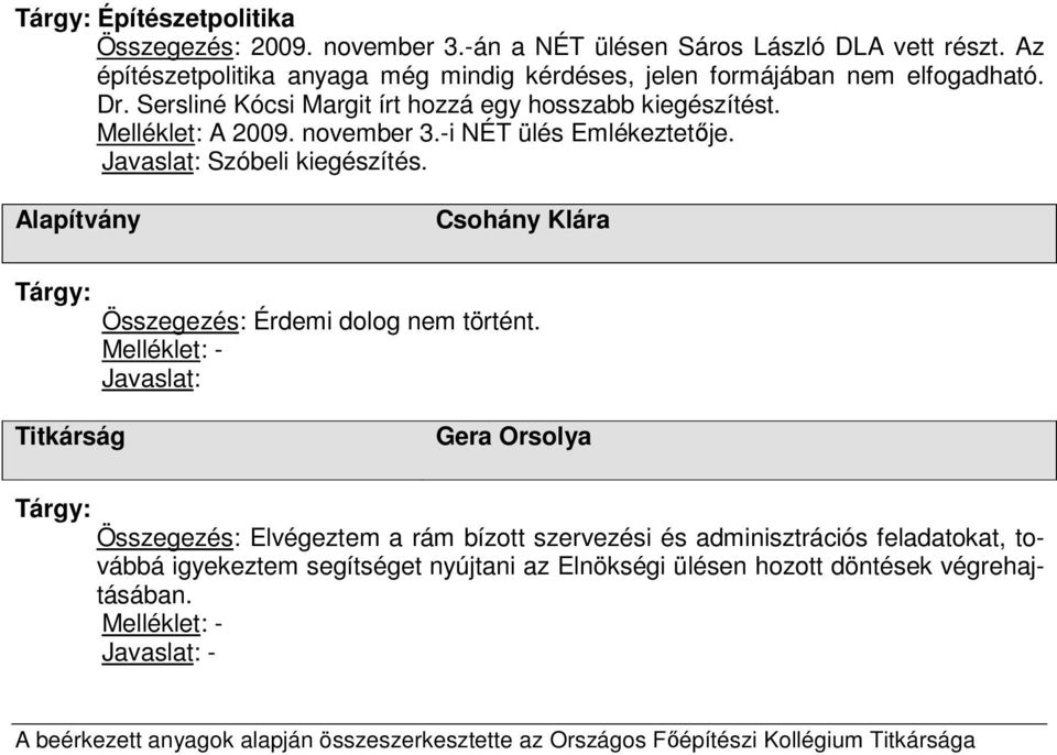 november 3.-i NÉT ülés Emlékeztetıje. Javaslat: Szóbeli kiegészítés. Alapítvány Csohány Klára Összegezés: Érdemi dolog nem történt.