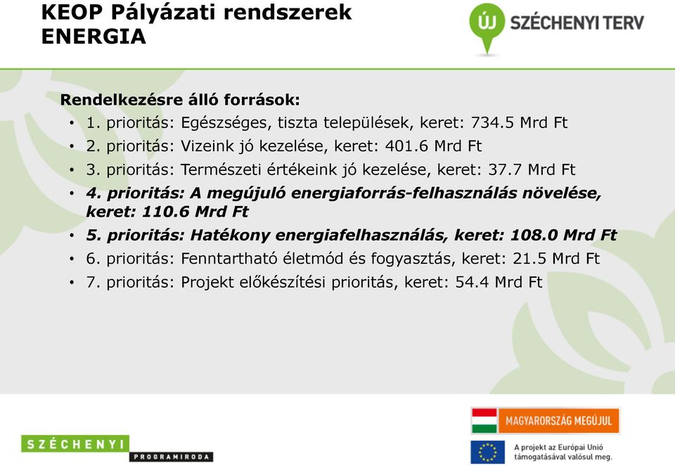 prioritás: A megújuló energiaforrás-felhasználás növelése, keret: 110.6 Mrd Ft 5.