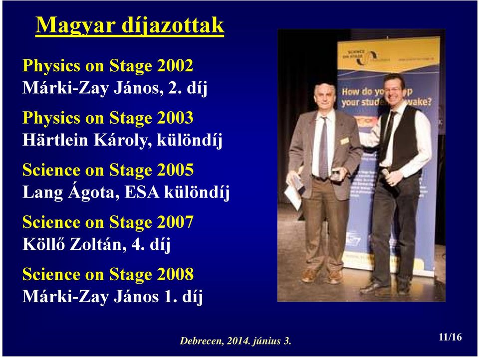 2005 Lang Ágota, ESA különdíj Science on Stage 2007 Köllő Zoltán, 4.