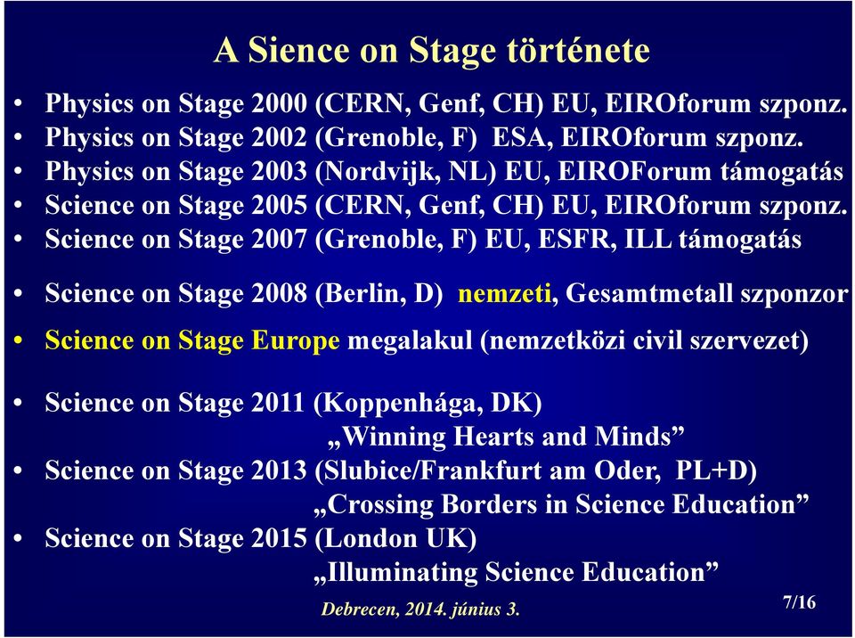 Science on Stage 2007 (Grenoble, F) EU, ESFR, ILL támogatás Science on Stage 2008 (Berlin, D) nemzeti, Gesamtmetall szponzor Science on Stage Europe megalakul (nemzetközi civil
