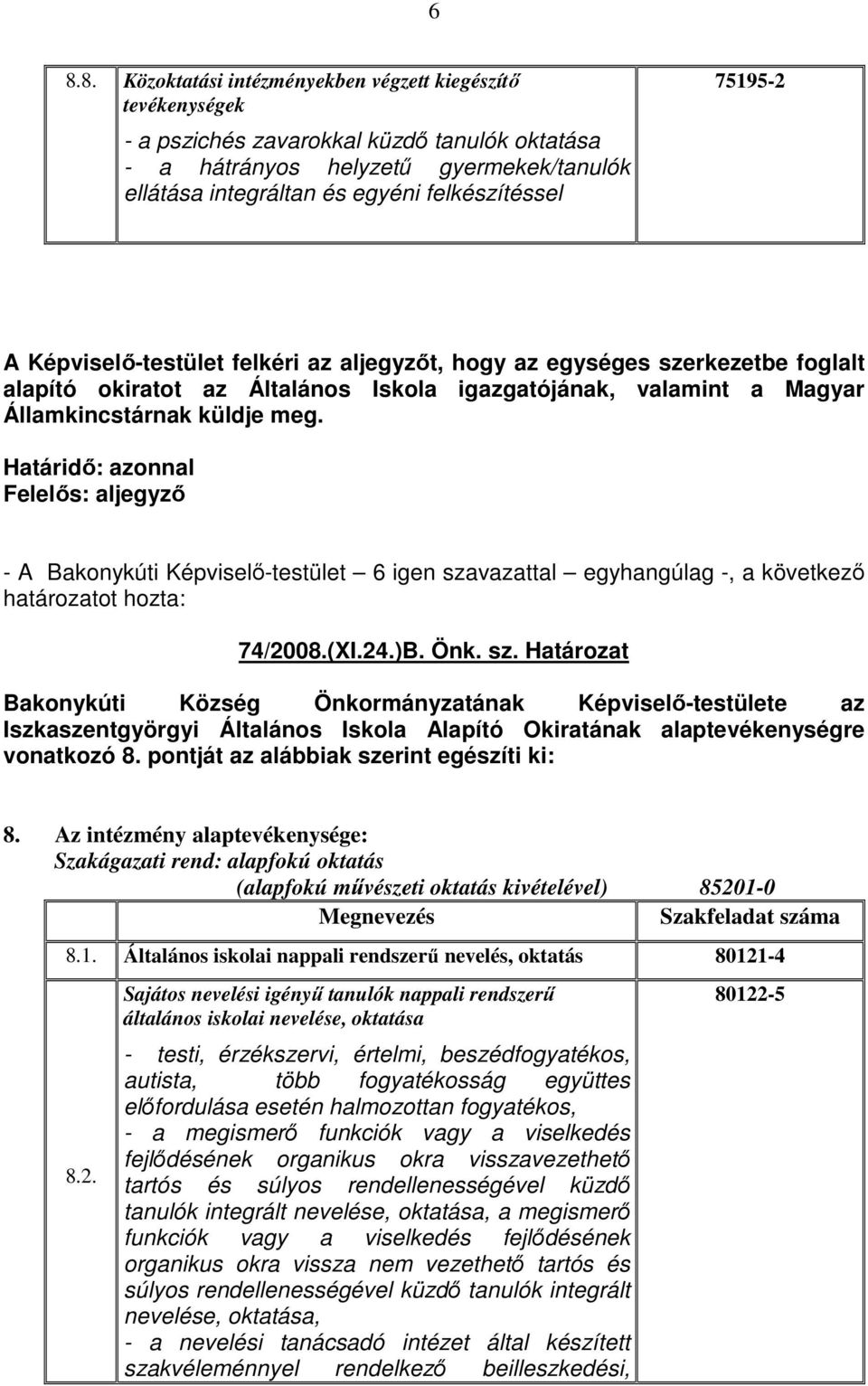 meg. Határidı: azonnal Felelıs: aljegyzı - A Bakonykúti Képviselı-testület 6 igen sza