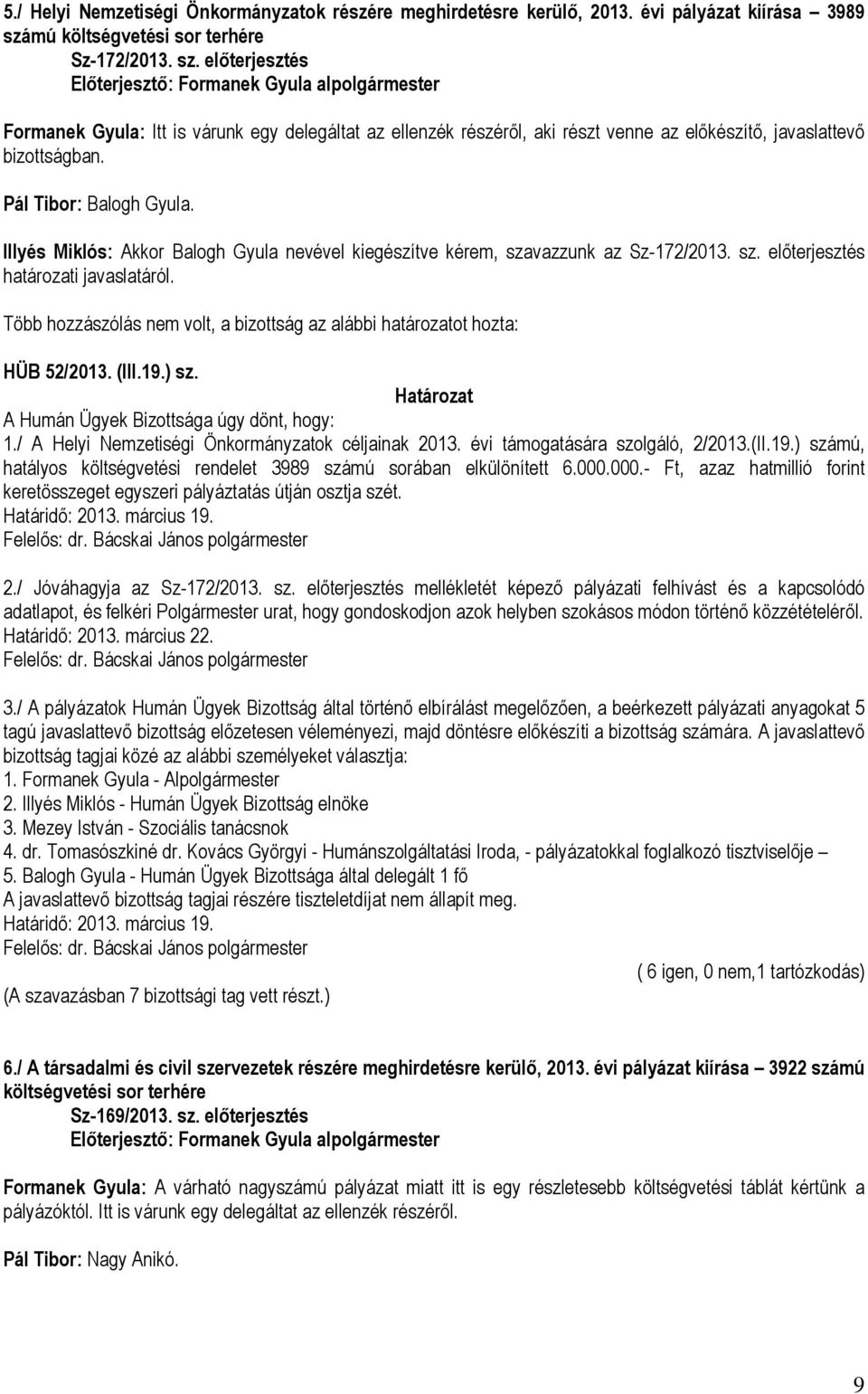 Pál Tibor: Balogh Gyula. Illyés Miklós: Akkor Balogh Gyula nevével kiegészítve kérem, szavazzunk az Sz-172/2013. sz. előterjesztés határozati javaslatáról.