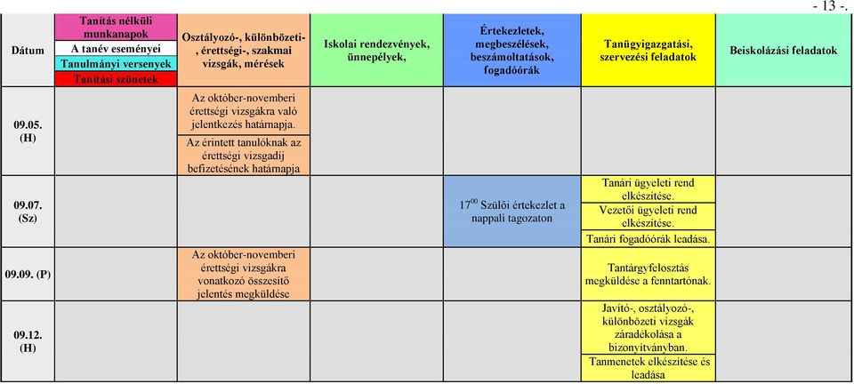 (H) Az október-novemberi érettségi vizsgákra való jelentkezés határnapja.