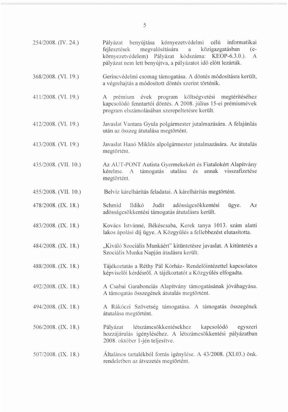 3.0.). A pályázat nem lett benyújtva, a pályázatal idő előtt lezárták. Gerincvédelmi csomag támogatása. A döntés m6dosításra került, a végrehajtás a módosított döntés szerint történik.