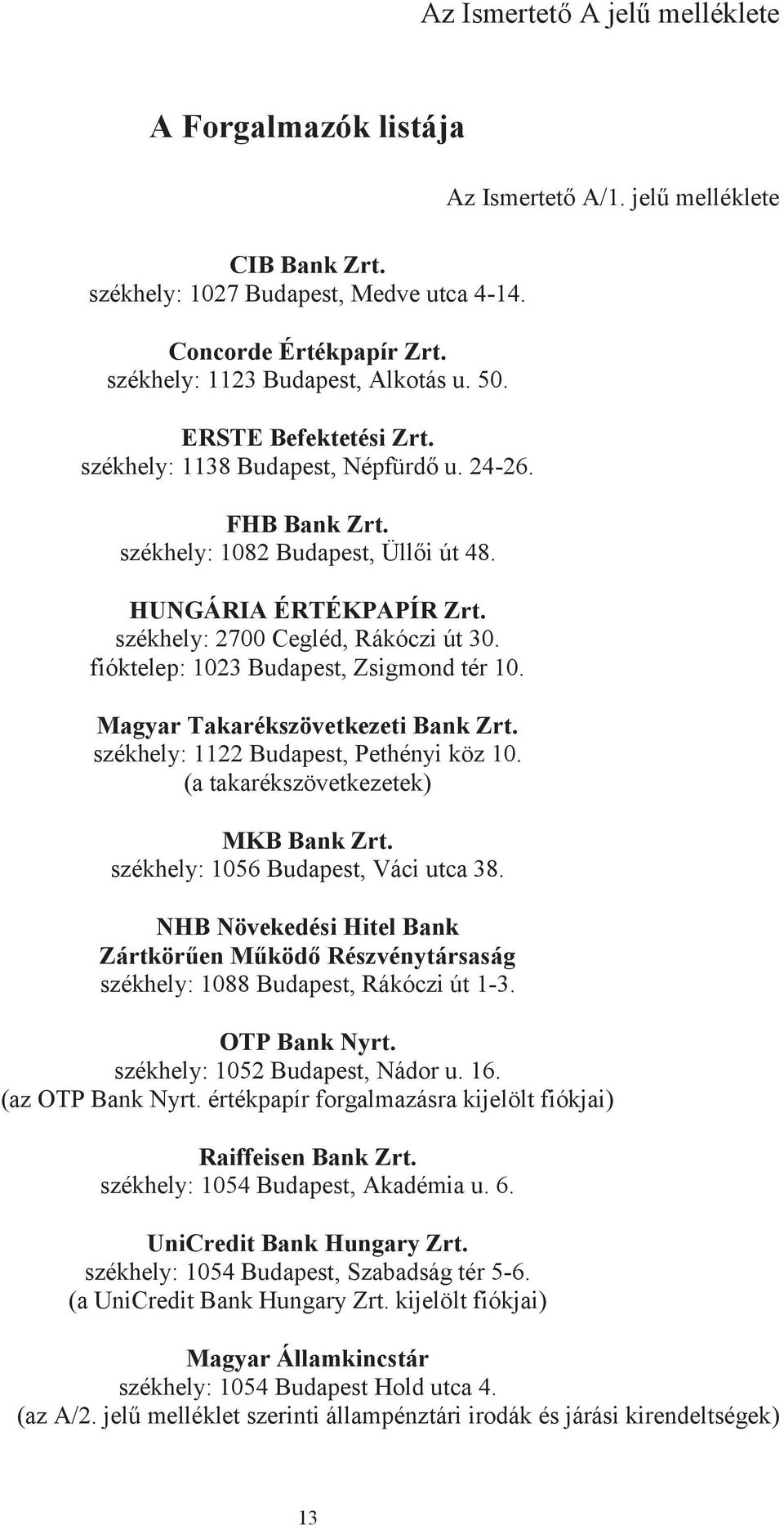 fióktelep: 1023 Budapest, Zsigmond tér 10. Magyar Takarékszövetkezeti Bank Zrt. székhely: 1122 Budapest, Pethényi köz 10. (a takarékszövetkezetek) MKB Bank Zrt. székhely: 1056 Budapest, Váci utca 38.