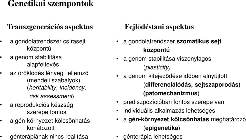 aspektus a gondolatrendszer szomatikus sejt központú a genom stabilitása viszonylagos (plasticity) a genom kifejeződése időben elnyújtott (differenciálódás,